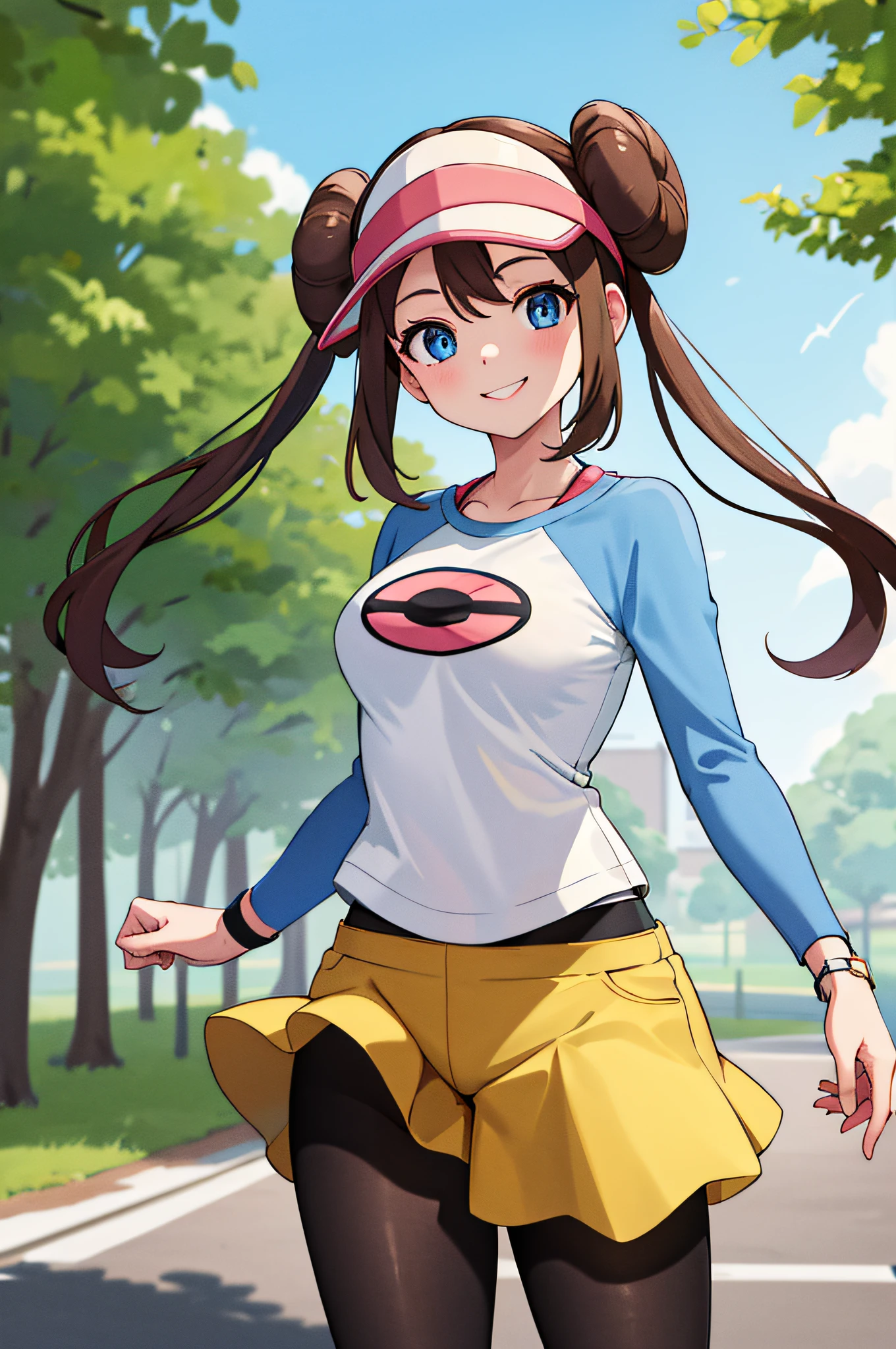 masterpiece, best quality, highres, ro1, hair bun, blue eyes, twintails, visor cap, pantyhose, raglan sleeves, yellow shorts, shirt, pink bow, wristwatch, standing, cowboy shot, field, poke ball \(basic\), smile