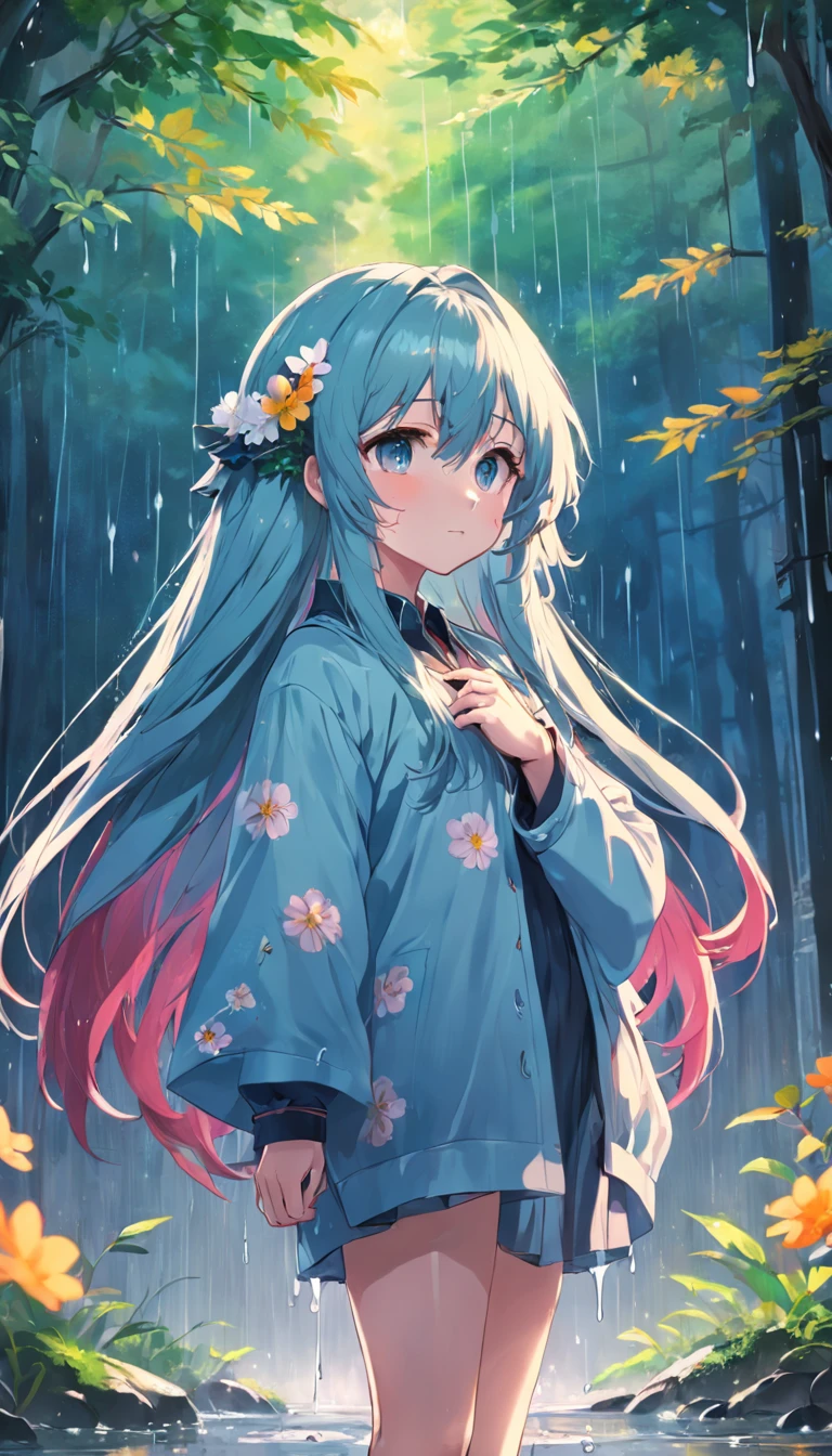 anime girl with long hair and flower in her hair, Beautiful anime artwork, style of anime4 K, Anime art wallpaper 4k,Rainy days,janelas,the woods,Rain drops