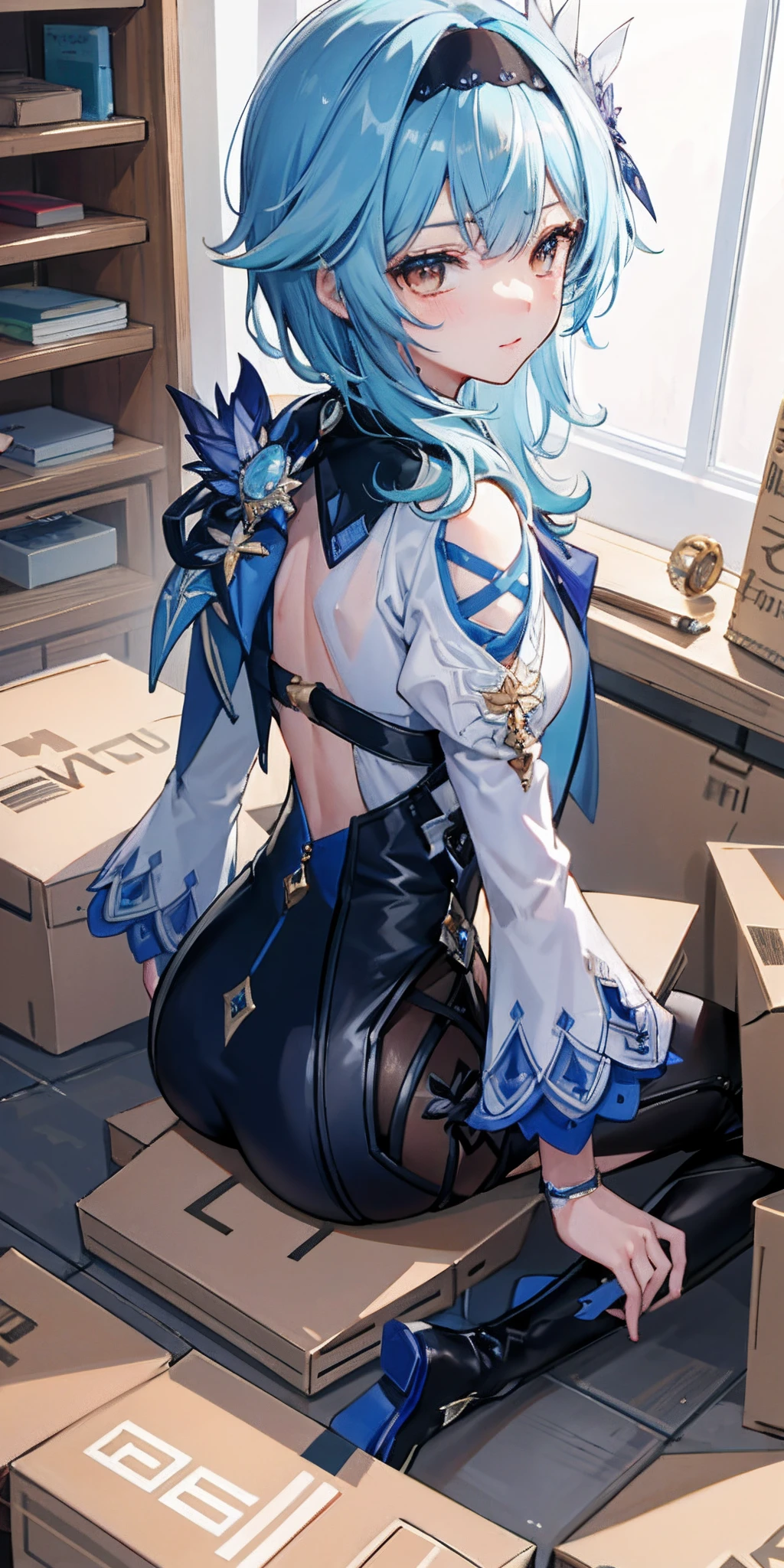 (tmasterpiece,top-quality,best qualityer,offcial art,Beauty and aesthetics:1.2),(8K,best qualtiy,tmasterpiece:1.2),There was a woman sitting in a box full of money and diameters,The facial expressions are so sexy and seductive,The color of the box is blue,What's in the box is Primo Jim Shin Shin Shock,Open your smiling mouth, sad expressions,(((Lie in a cardboard box))),Small cardboard box,((Back view))