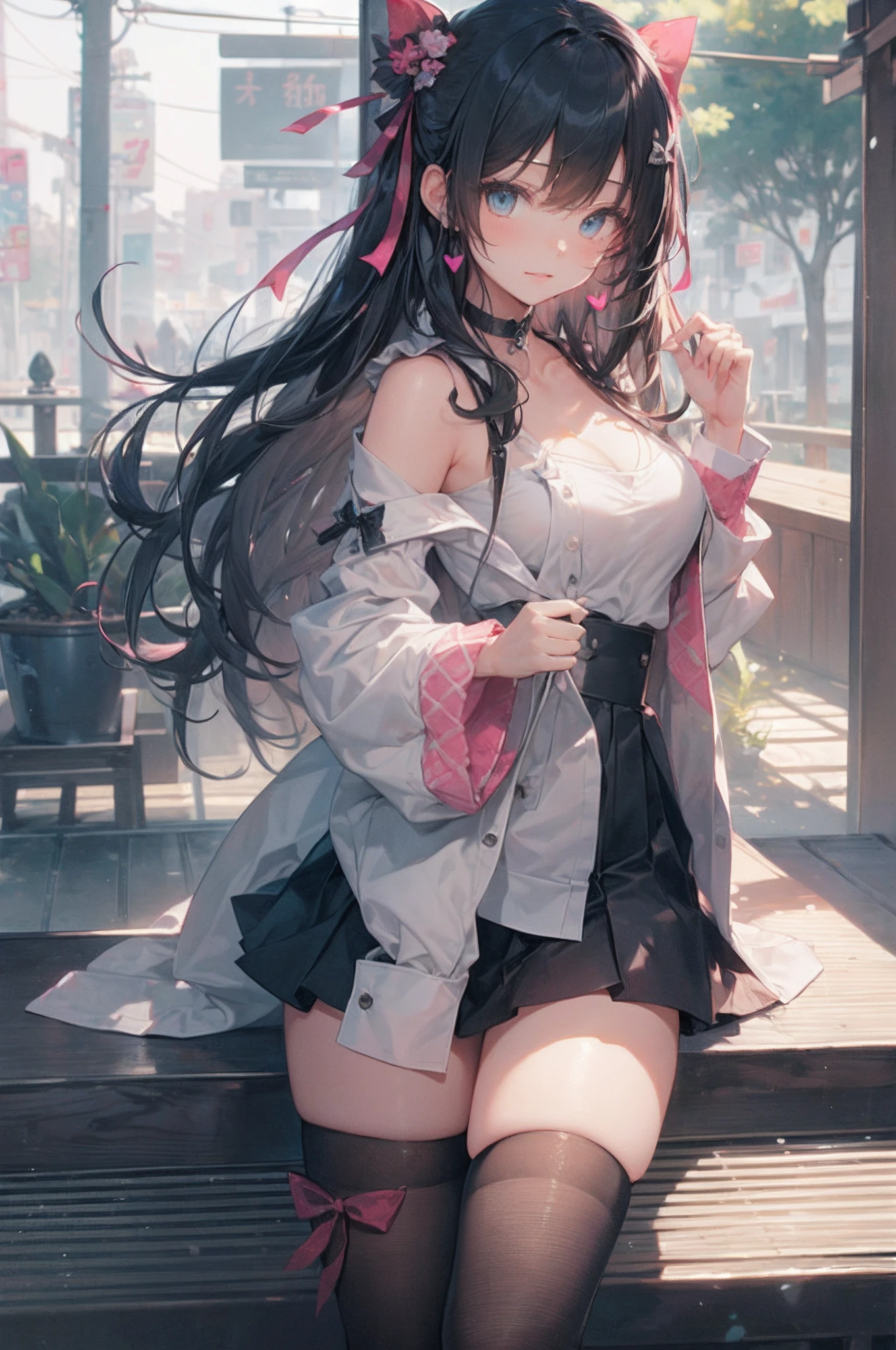 1girl in, Black hair, Long hair, Blue eyes, Portrait, Realistic, Towel, (Onsen), side lights, Wallpaper, NSFW,​masterpiece, top-quality, 1girl in, 独奏, long_hair, looking_at_viewer, bangss, skirt by the, The shirt, black_hair, long_sleeves, the bow, bow ribbon, Twin-tailed, hair_bow, heart, panthyhose, frilld, shoe, a choker, blunt_bangs, black_skirt, pink_eyes, The halo, frilled_skirt, pink_bow, fishnet tights,pink_shirt, fishnet_pantyhose, platform_footwear, pink_theme, pill, jirai_kei, pink back ground, pink theme, monochromes, wariza, Light smile