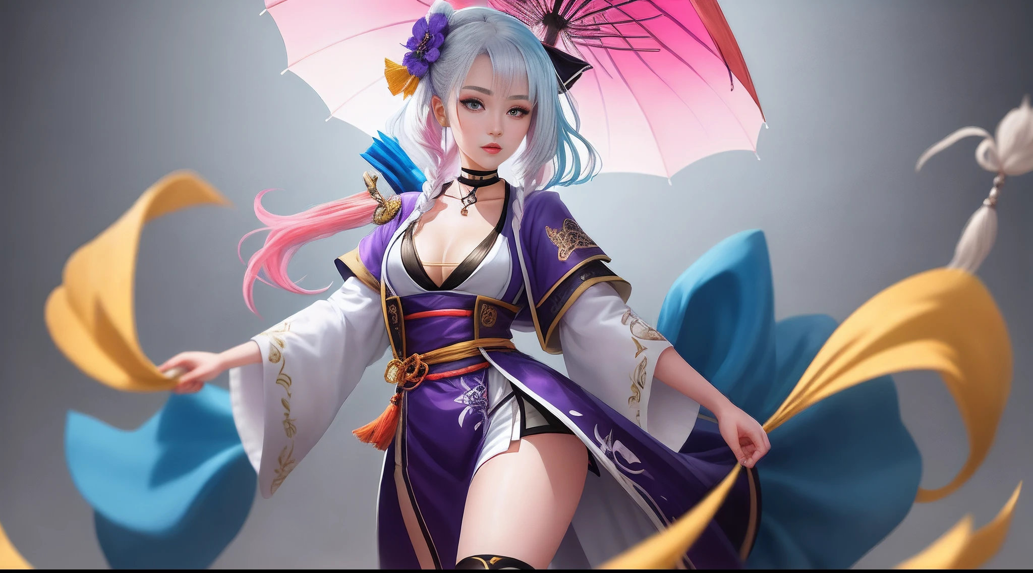 Anime girl with white hair, Blue eyes and red umbrella,White-haired god,Kushat Krenz key art feminization,Onmyoji detailed art,onmyoji portrait,best anime 4k Konachang wallpapers,Detailed digital anime art,Anime goddess,High detail official artwork,detailed anime art,onmyoji,portrait of a female anime hero,long leges,chibiStyle, face,The beauty of the cold is touching,(((colorfulhair))),((half blue, half pink hair)),(Perfect eye painting),eyes with brightness,choker necklace,耳Nipple Ring,Delicate mouth,Delicate nose,Delicate makeup,Braided ponytail hair,Red lips,(Purple eyes)。perfect body figure,(Streamer Girl),Yellow T-shirt,Delicate tassels,expressioness,Ribbons,is shy,Efeito de Luz,downy,white backgrounid,Ultra-clear,HD picture,full-body portraits,frontage,having fun,
