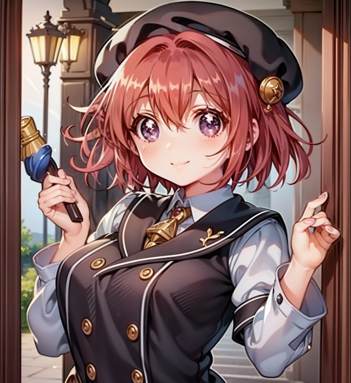 ​masterpiece、ighly detailed、(1 girl in:1.2)、Red hair、Learn uniforms、big eye、a closeup、A smile、8K、short-hair、beret、(((anime styled)))、Shining eyes