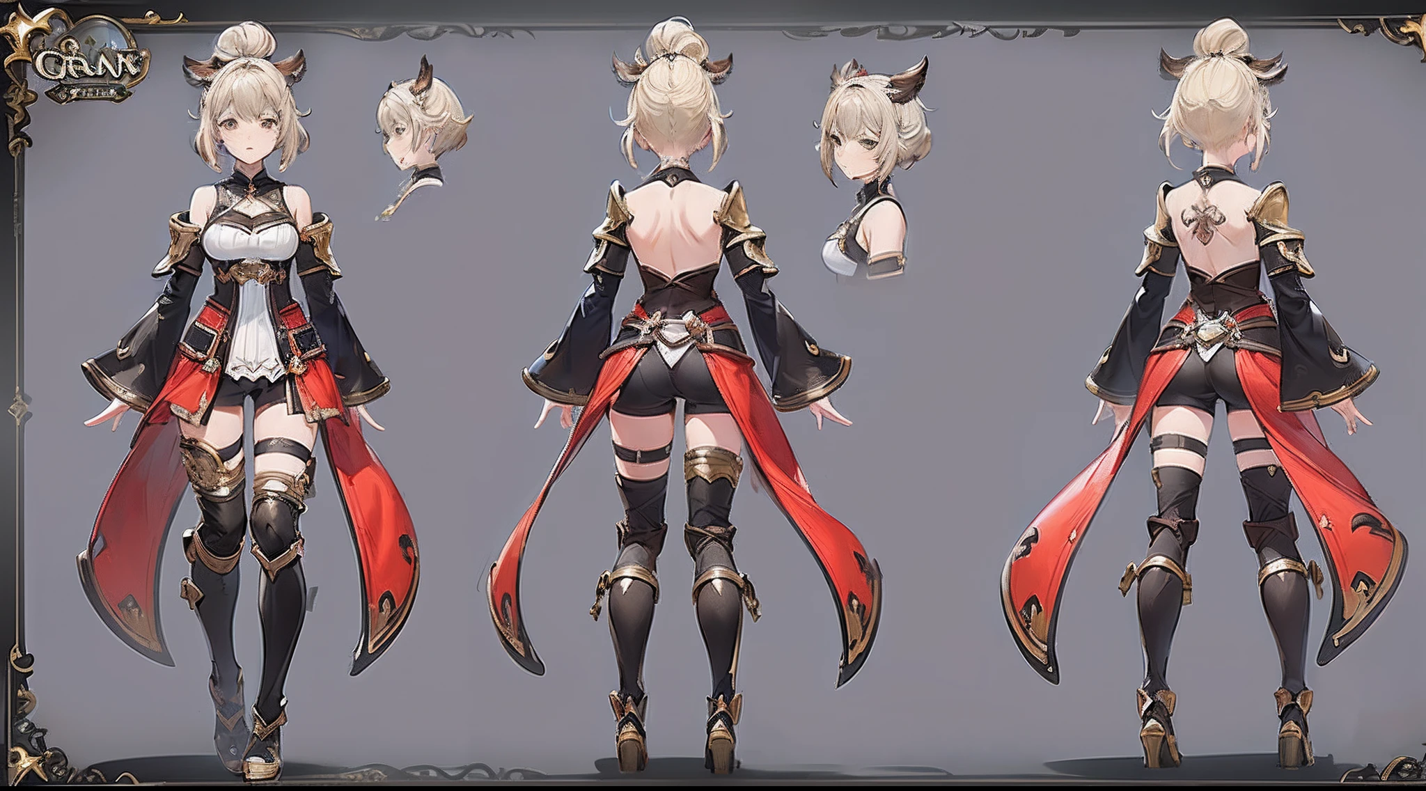 character reference sheet, 1 woman, 20 years old, (granblue fantasy character), wearing blade and soul costume, complete full body, character design sheet, ((perspective view, front view, side view, back view,)) light colors themed costume design, symmetrical elements in costume, costume simulation detection like in CLO, marvelous designer,