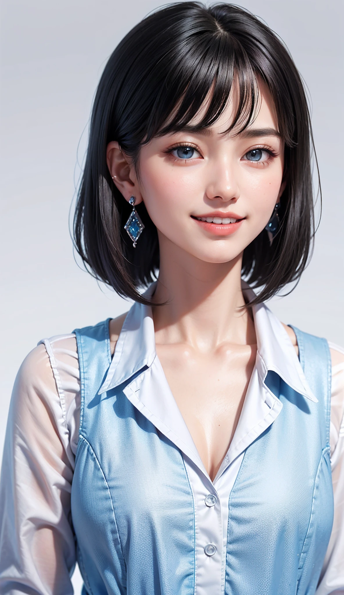 (high-level image quality、high-detail、hightquality、hight resolution、Draw everything in high resolution)、Intense crystal light blue eyes、Very pale colored eyes、Smaller diamond-shaped earrings、Look firmly at the camera、Put your ears out、Beautiful black hair、Beautiful very short beautiful hair with bangs、Show off all the beautiful décolletés、Beautiful 28 years old、lipgloss、long neck、Happy smile、Beautiful teeth alignment、Beautie、Pretty Woman、Pure white business shirt with open chest、Illuminate the light from the windowsill、Slightly bigger eyes、