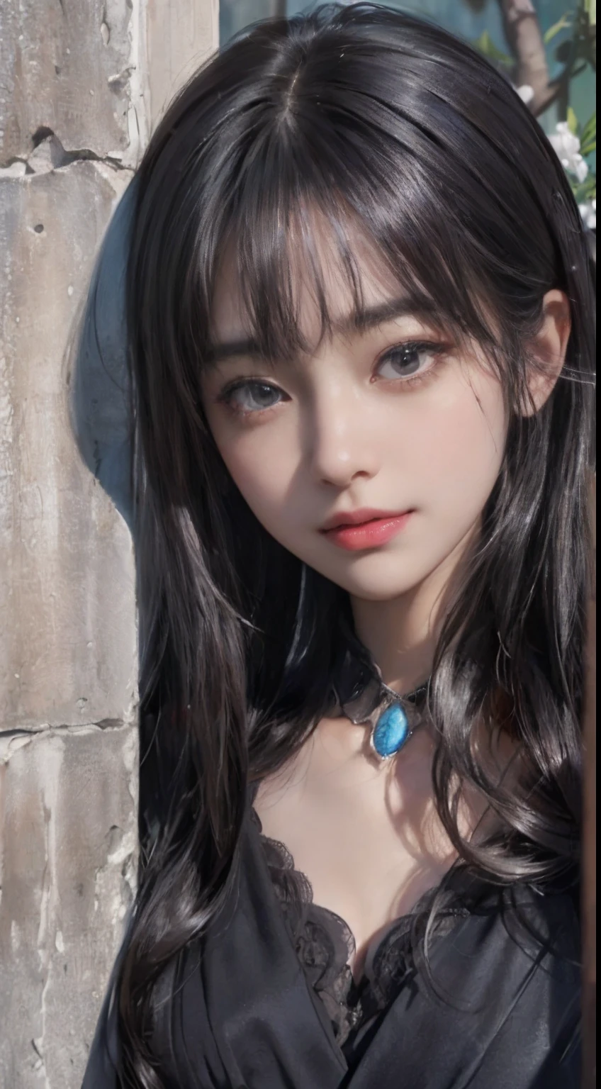 (ultra-realistic realism)、(illustratio)、(A high resolution)、(8K)、(The is very detailed)、(Best Illustration)、(Beautifully detailed eyes)、(top-quality)、(ultra - detailed)、(tmasterpiece)、(the wallpaper)、(A detailed face)、独奏、1 girl in、looking at viewert、finedetail、A detailed face、in the darkness nigth、deep shading、low tune、pureerosfaceace_V1、A smile、Long、Black shawl straight hair、46-point diagonal bangs, (silk dress、long skirt)(Expose half of the chest and thighs)The view of the castle、、Stand against the wall