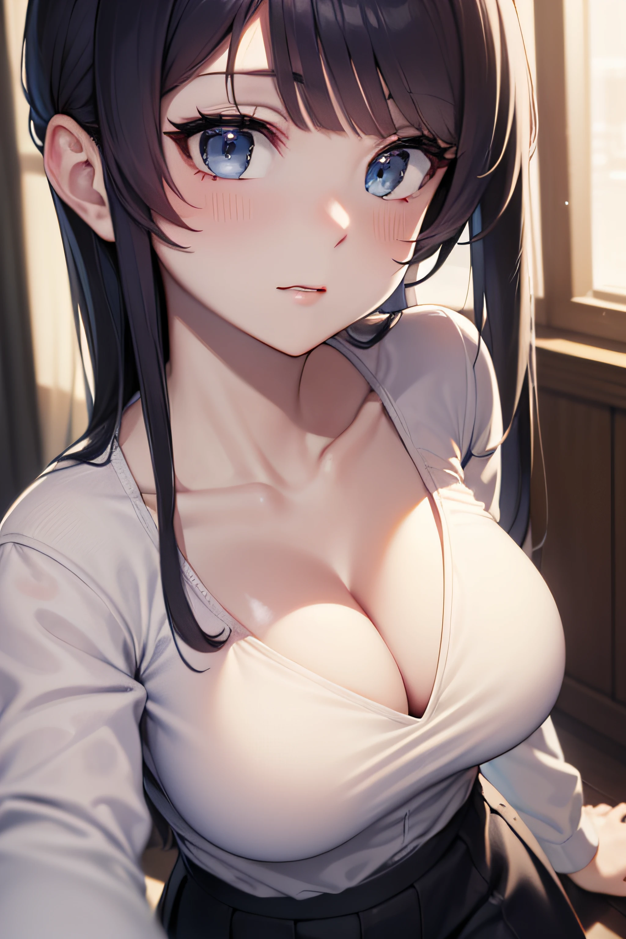 ((masterpiece, best quality, highres, UHD, perfect pixel)), Sakurajima mai, long hair, bangs, black hair, (blue eyes:1.2), medium breasts, indoor, bedroom, dynamic pose, busty, perfect body, ((close up, POV)), blushing, ((cleavage:1.2)), black bra, panties, white shirt, long sleeve, natural light