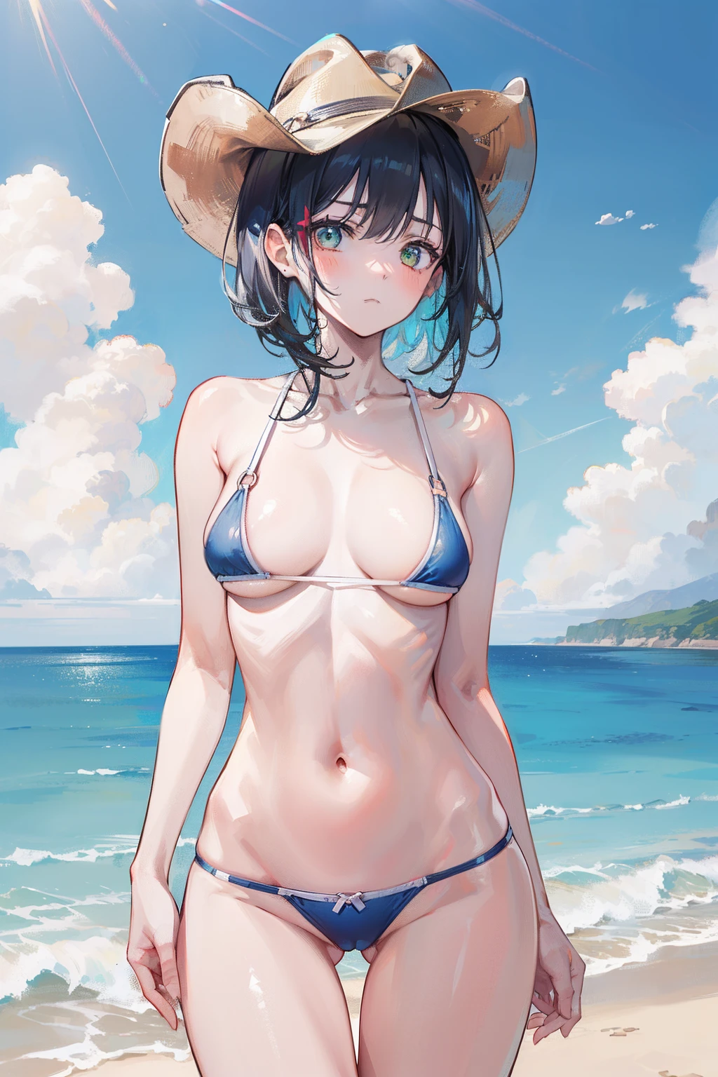 ((straight-on:1.2)),((cowboy shot:1.5)), standing, 1girl, (()),((completely )), , breasts, ((narrow waist)), wide hips, hip bones, ((groin)), ((thigh gap)),lustrous skin, hip bones, groin, solo, looking at viewer, blush, short hair, black hair, green eyes, navel, medium breasts, breasts apart, closed mouth, , standing, collarbone, , cowboy shot, outdoors, uncensored, sky, , day, cloud, water, stomach, blue sky, streaked hair, completely , ocean, frown, beach, arms behind back, sunlight,
masterpiece, best quality, absurdres, ((Best Quality)), (Ultra-detailed), ((Extremely detailed)), 4K, (8K),(Beautiful), Illustration