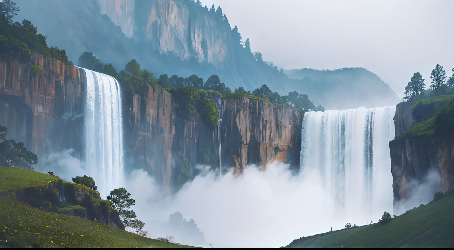 There is a cliff in front，background is waterfall, Waterfall in the distance, Fog from the waterfall, falls, Spectacular realistic cinematic visuals, floating waterfalls, huge waterfall, an endless waterfall, Realistic waterfalls, waterfall in the background, Epic cinematic sense, falls. heavy fog, Ultra-realistic 4K quality, Very wide waterfall