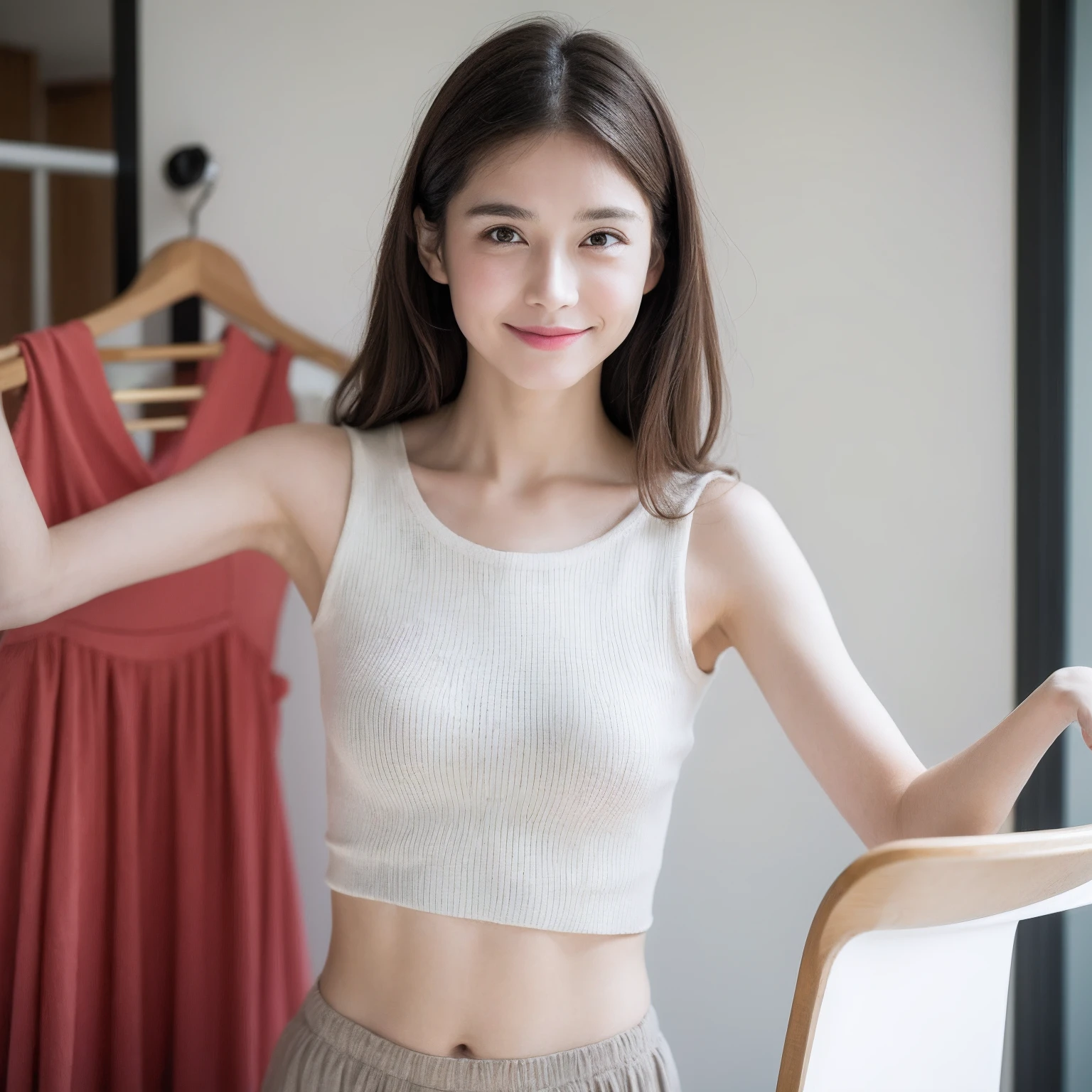 1 girl， ssmile， full bodyesbian， Slim Faces， Lovely woman， （pale brown hair）， Open waist top，Slim waist ：1.1， Super detailed face， Detailed eyes， 二重まぶた， blur backgroun， Slim Faces， inside in room，colourful background， Jump into the air，The skirt is flowing，