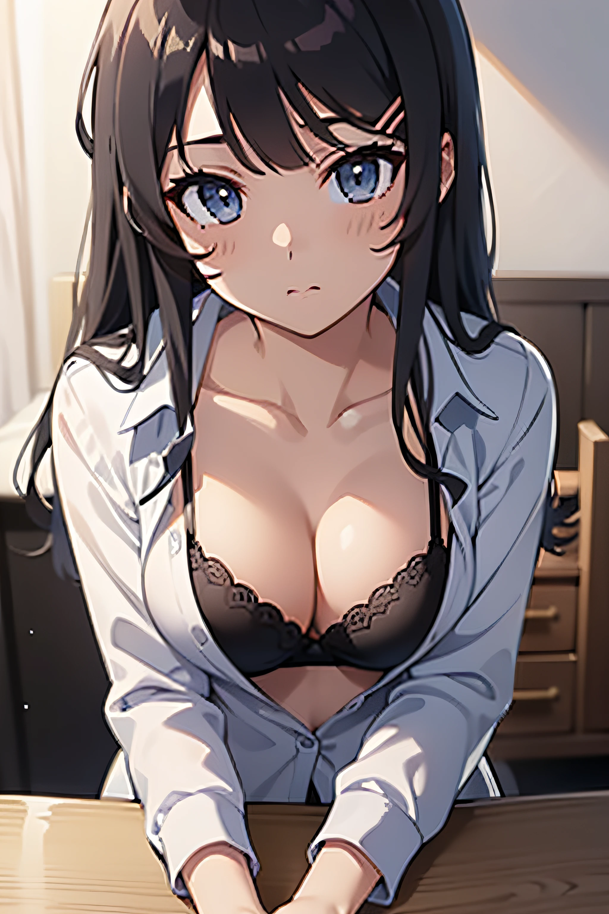 ((masterpiece, best quality, highres, UHD, perfect pixel)), Sakurajima mai, long hair, bangs, black hair, (blue eyes:1.2), medium breasts, indoor, bedroom, dynamic pose, busty, perfect body, ((close up, POV)), blushing, ((cleavage:1.2)), black bra, panties, white shirt, long sleeve, natural light