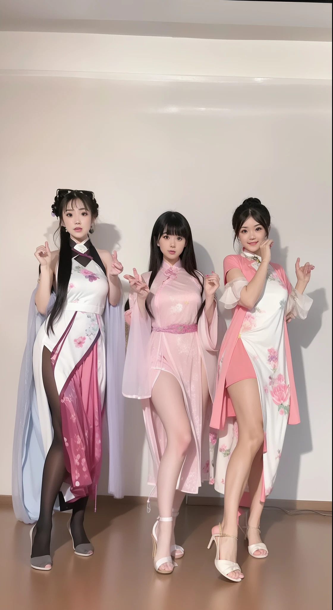 Three women in dresses pose for photos in a room, perfume, shikamimi, full-body xianxia, Anime cosplay, Cheongsam, floating robes, cutecore, trending at cgstation, Flowing robes, sakimichan, Waifu, a variety of poses, publicity cosplay, komono, cosplay, 🚿🗝📝, lunar themed attire