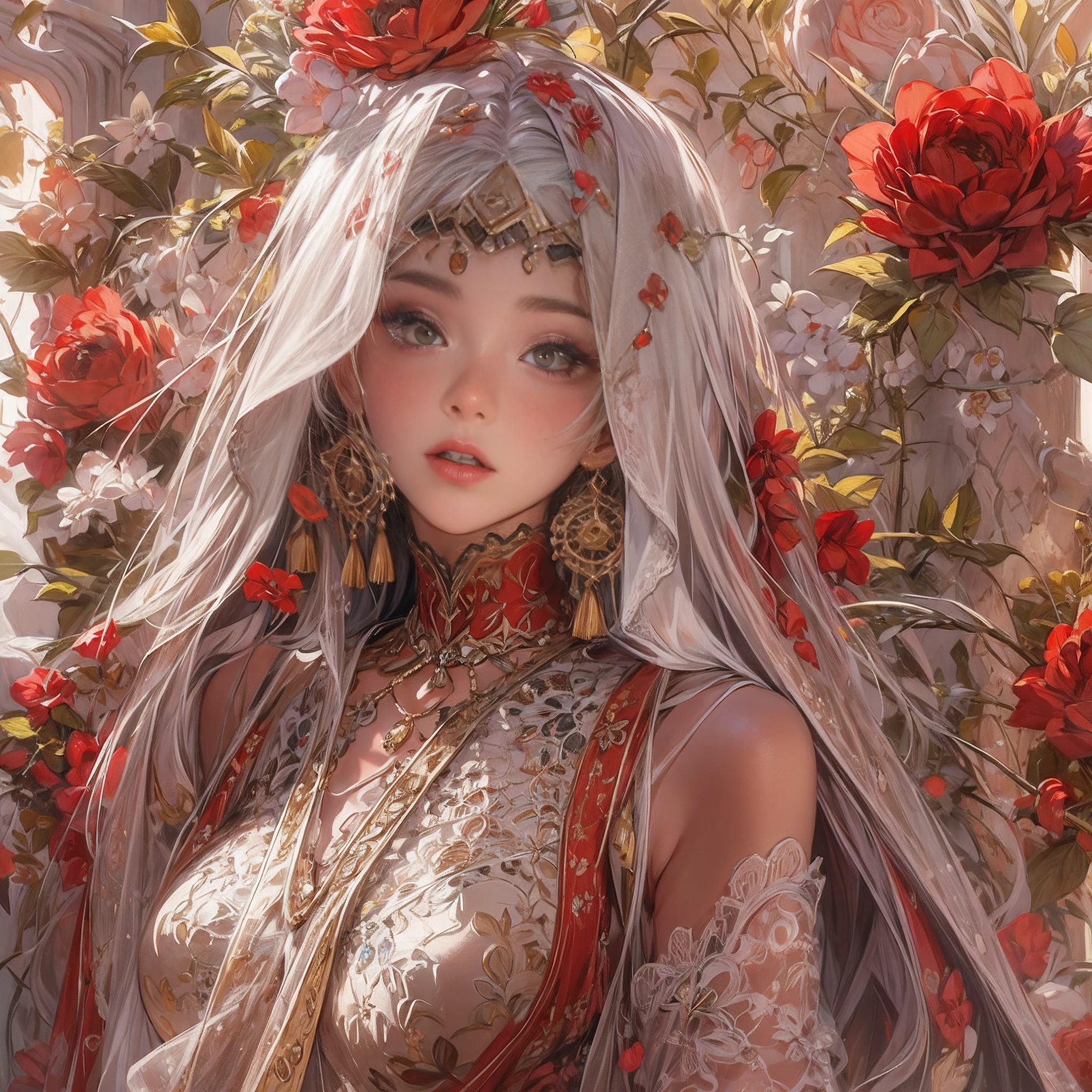 ((Masterpiece, Highest quality)), Detailed face, CharacterDesignSheet，full bodyesbian, Full of details, Multiple poses and expressions, Highly detailed, Depth, beuaty girl，Covered with jewelry，Lace，lacepantyhose, High Balance, suns，Natural light，red colour