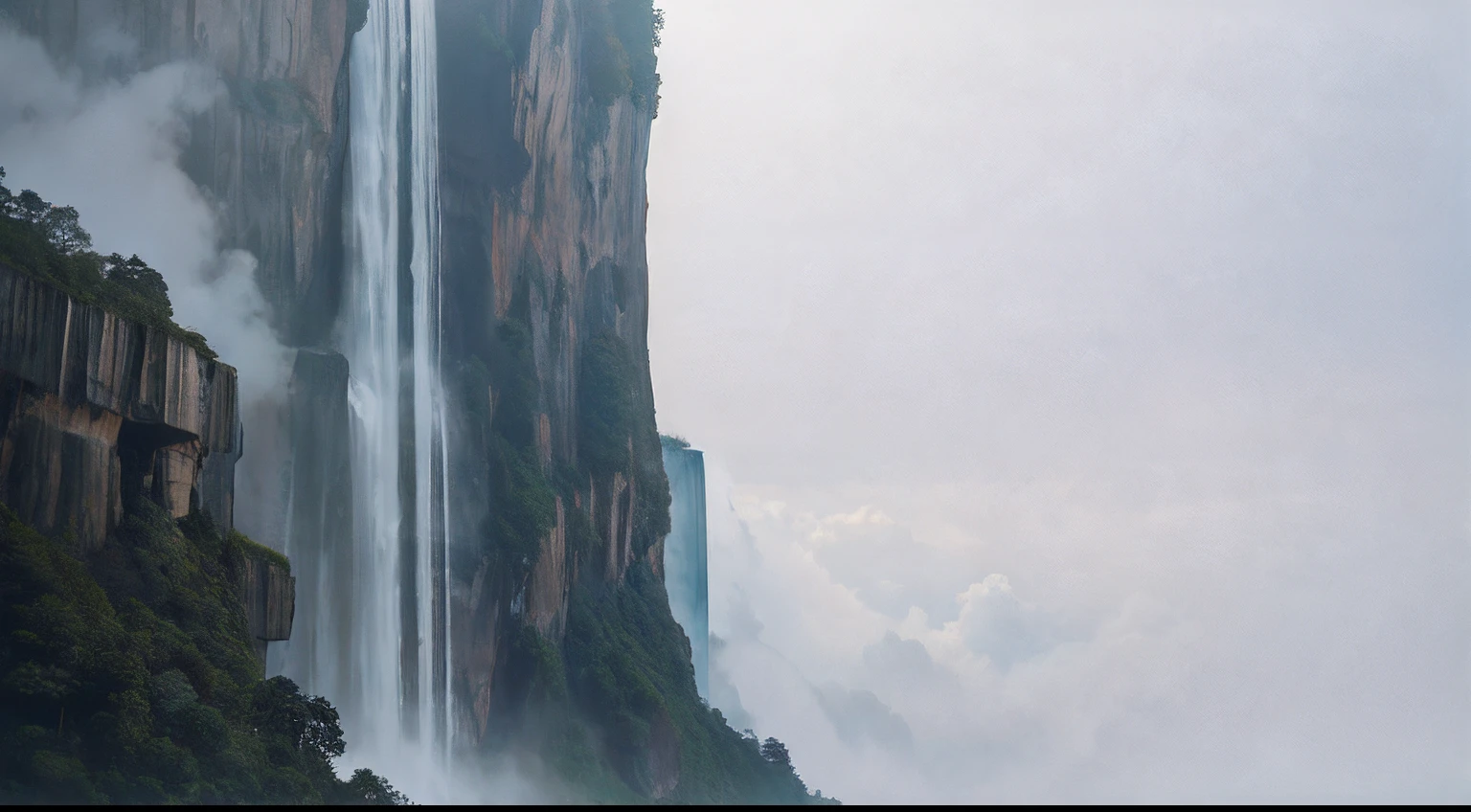 There is a cliff in front,background is waterfall, Waterfall in the distance, Fog from the waterfall, falls, Spectacular realistic cinematic visuals, floating waterfalls, huge waterfall, an endless waterfall, Realistic waterfalls, waterfall in the background, Epic cinematic sense, falls. heavy fog, Ultra-realistic 4K quality, Very wide waterfall