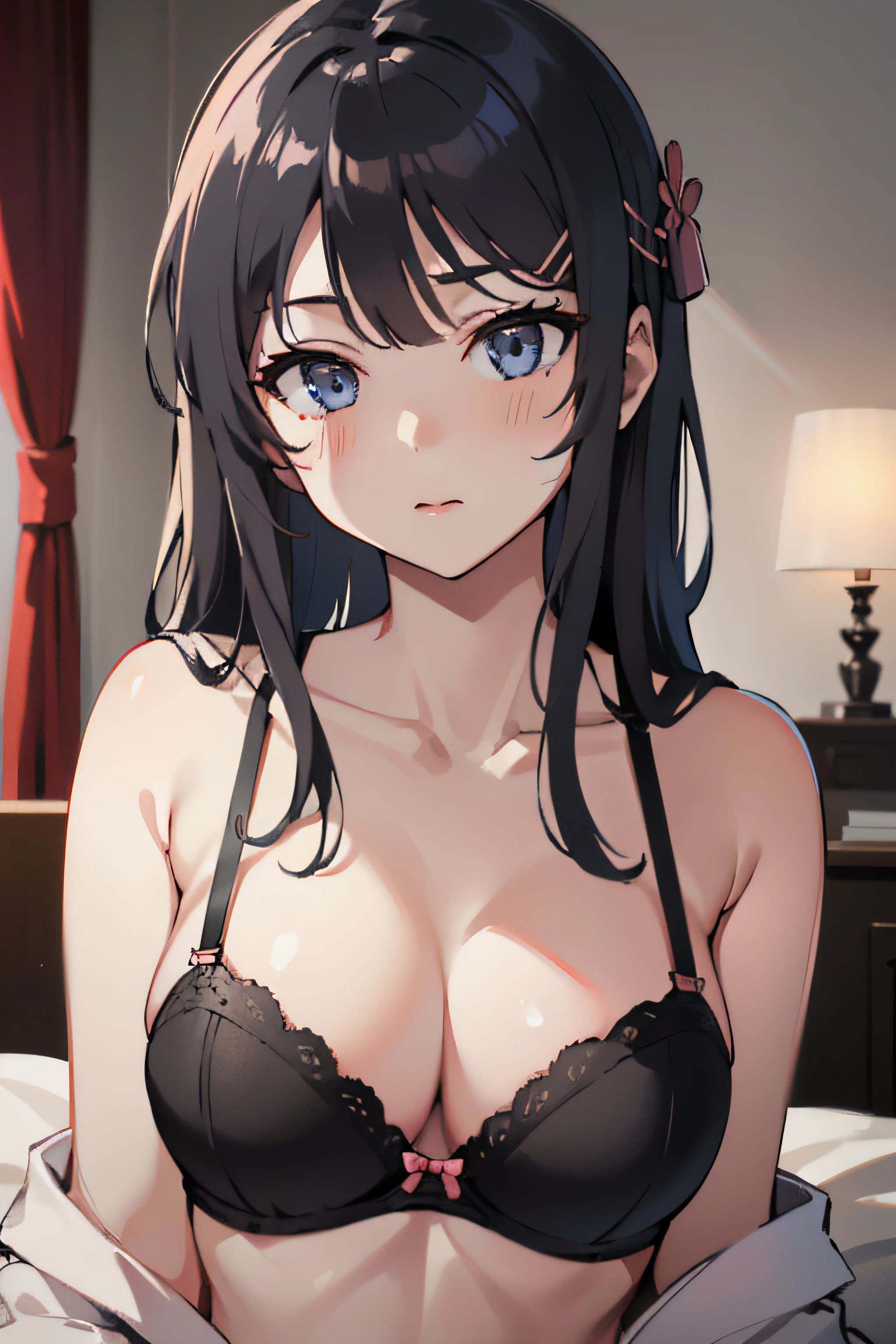 ((masterpiece, best quality, highres, UHD, perfect pixel)), Sakurajima mai, long hair, bangs, black hair, (blue eyes:1.2), medium breasts, indoor, bedroom, dynamic pose, busty, perfect body, ((close up, POV)), blushing, ((cleavage:1.2)), ((black bra, nightgown)), natural light