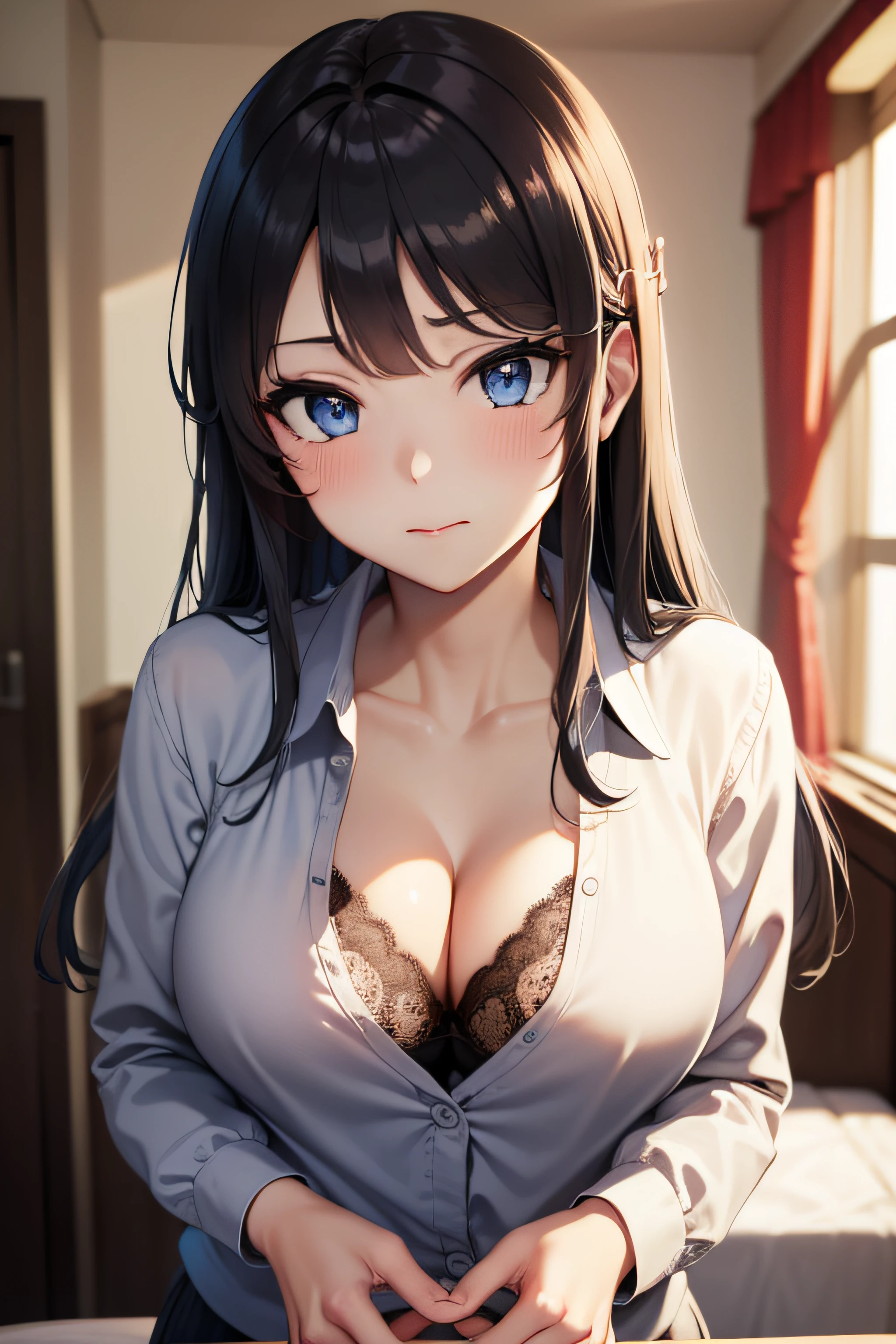 ((masterpiece, best quality, highres, UHD, perfect pixel)), Sakurajima mai, long hair, bangs, black hair, (blue eyes:1.2), medium breasts, indoor, bedroom, dynamic pose, busty, perfect body, ((close up, POV)), blushing, ((cleavage:1.2)), black bra, panties, white shirt, long sleeve, natural light