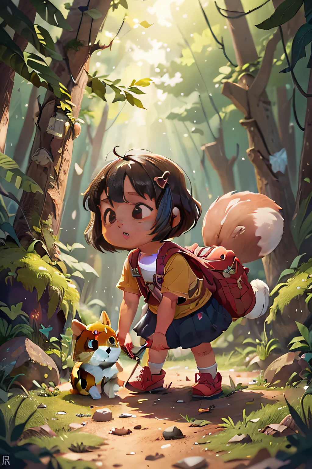 Cute girl with short hair, 8 years son collarbone curled,With a cute Shiba Inu, Adventure in the forest,There are little rabbits in the back,Little squirrel,Perfect look, Perfect face,Various poses and various expressions ,hdr (HighDynamicRange), Ray tracing ,NVIDIA RTX,Super resolution,Unreal 5,Subsurface dispersion,PBR Texture,Post-processing,Anisotropic filtering,depth of fields,Maximum clarity and sharpness,Many-Layer Textures,Albedo e mapas Speculares,Surface Coloring,Accurate Light-Material Interaction Simulation,perfectly proportions,octan render,twotonelighting,largeaperture,ISO low,White balance,the rule of thirds,8K