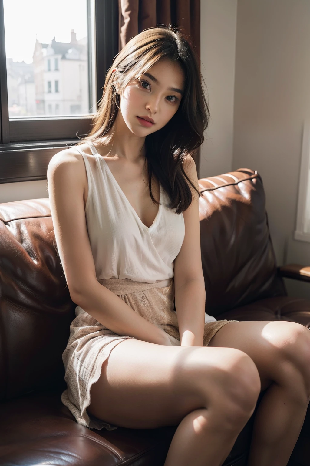 1girll,Sit on a comfortable sofa,Cross ed leg,Soft light