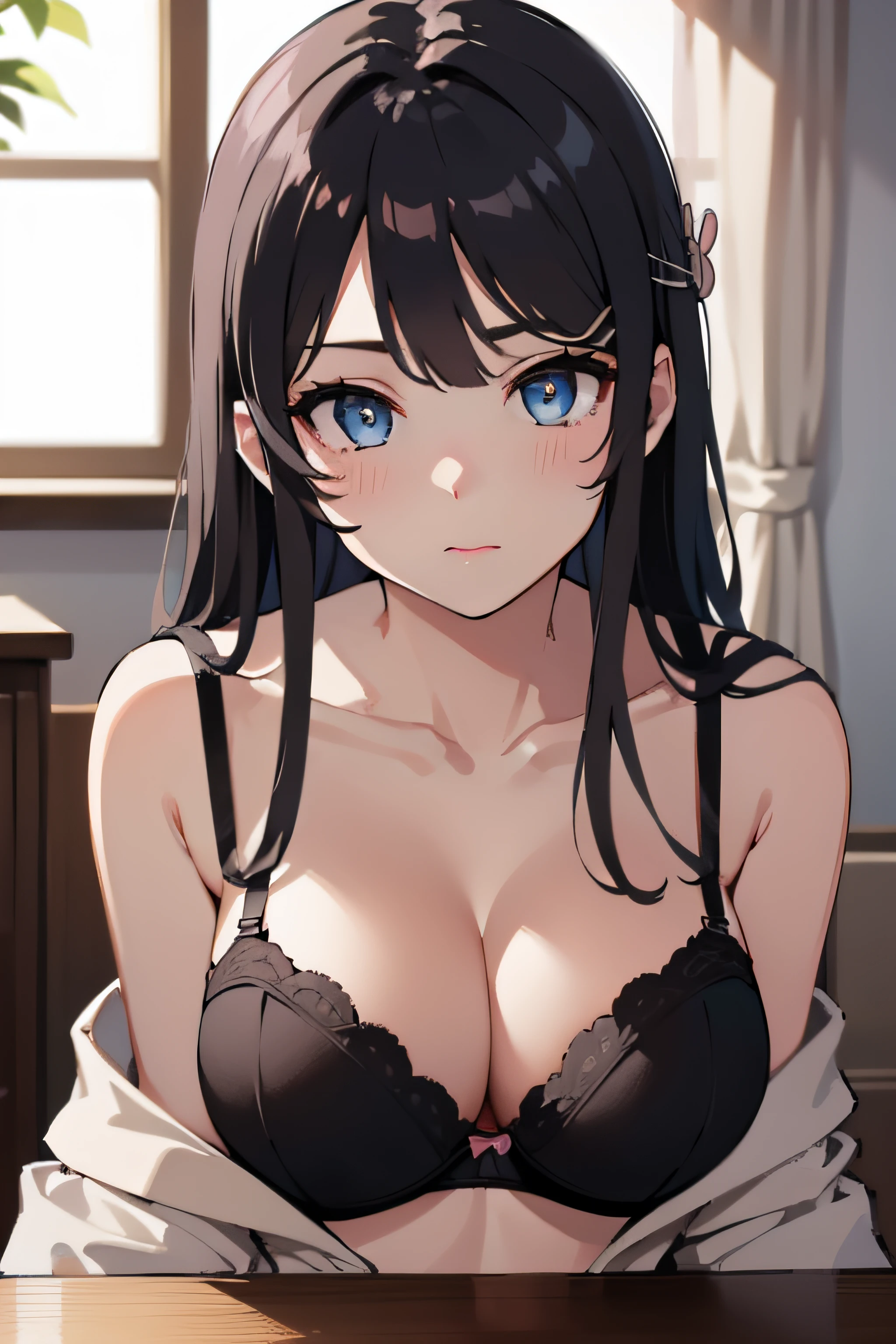 ((masterpiece, best quality, highres, UHD, perfect pixel)), Sakurajima mai, long hair, bangs, black hair, ((blue eyes:1.2, beautiful eyes, detailed eyes, extremely detailed eyes)), ((smooth texture:0.8, realistic texture:0.8)), medium breasts, indoor, bedroom, dynamic pose, busty, perfect body, ((close up, POV)), blushing, ((cleavage:1.2)), ((black bra, nightgown)), natural light