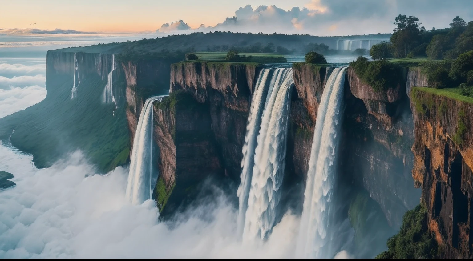 There is a cliff in front,background is waterfall, Waterfall in the distance, Fog from the waterfall, falls, Spectacular realistic cinematic visuals, floating waterfalls, huge waterfall, an endless waterfall, Realistic waterfalls, waterfall in the background, Epic cinematic sense, falls. heavy fog, Ultra-realistic 4K quality, Very wide waterfall