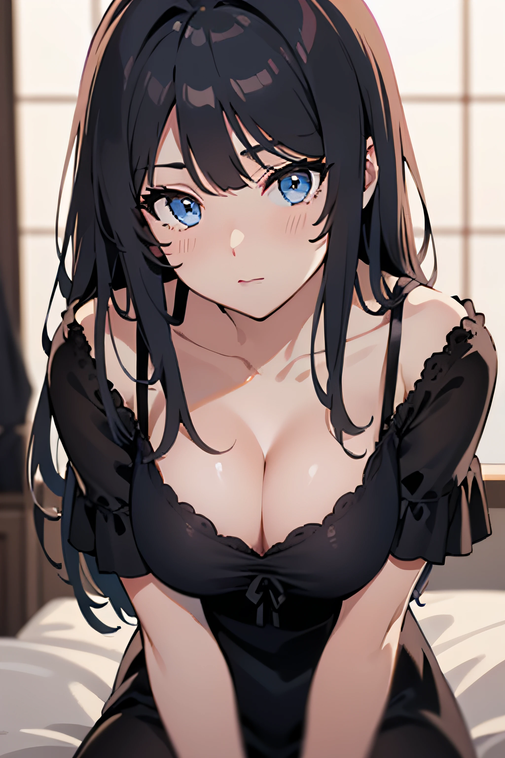 ((masterpiece, best quality, highres, UHD, perfect pixel)), Sakurajima mai, long hair, bangs, black hair, ((blue eyes:1.2, beautiful eyes, detailed eyes, extremely detailed eyes)), ((smooth texture:0.8, realistic texture:0.8)), medium breasts, indoor, bedroom, dynamic pose, busty, perfect body, ((close up, POV)), blushing, ((cleavage:1.2)), ((black dress, nightgown)), natural light