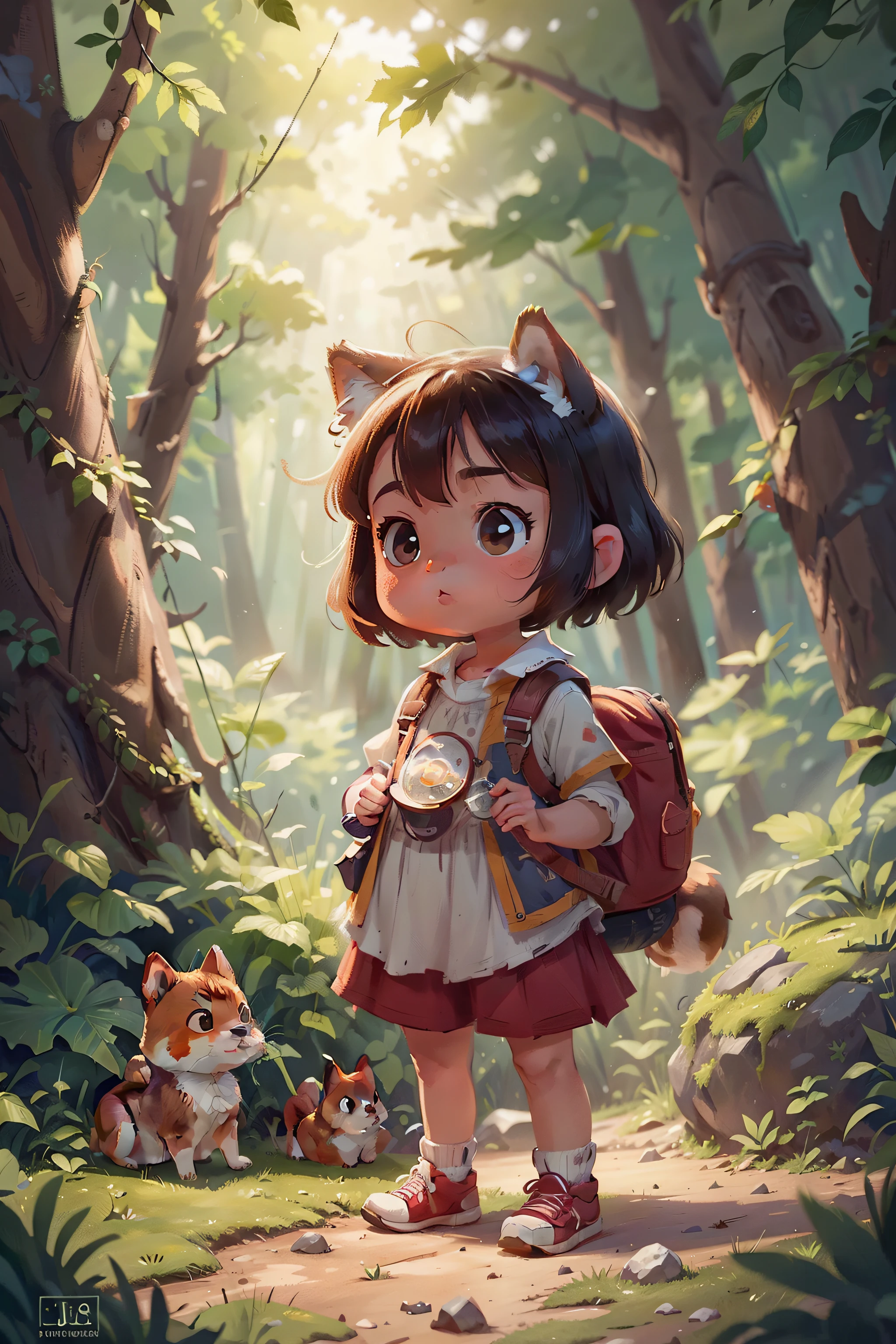 Cute little girl with short hair, 8 years old, Crimson collarbone curled,With a cute Shiba Inu, Adventure in the forest,There are little rabbits in the back,Little squirrel,Perfect look, Perfect face,Various poses and various expressions ,hdr (HighDynamicRange), Ray tracing ,NVIDIA RTX,Super resolution,Unreal 5,Subsurface dispersion,PBR Texture,Post-processing,Anisotropic filtering,depth of fields,Maximum clarity and sharpness,Many-Layer Textures,Albedo e mapas Speculares,Surface Coloring,Accurate Light-Material Interaction Simulation,perfectly proportions,octan render,twotonelighting,largeaperture,ISO low,White balance,the rule of thirds,8K