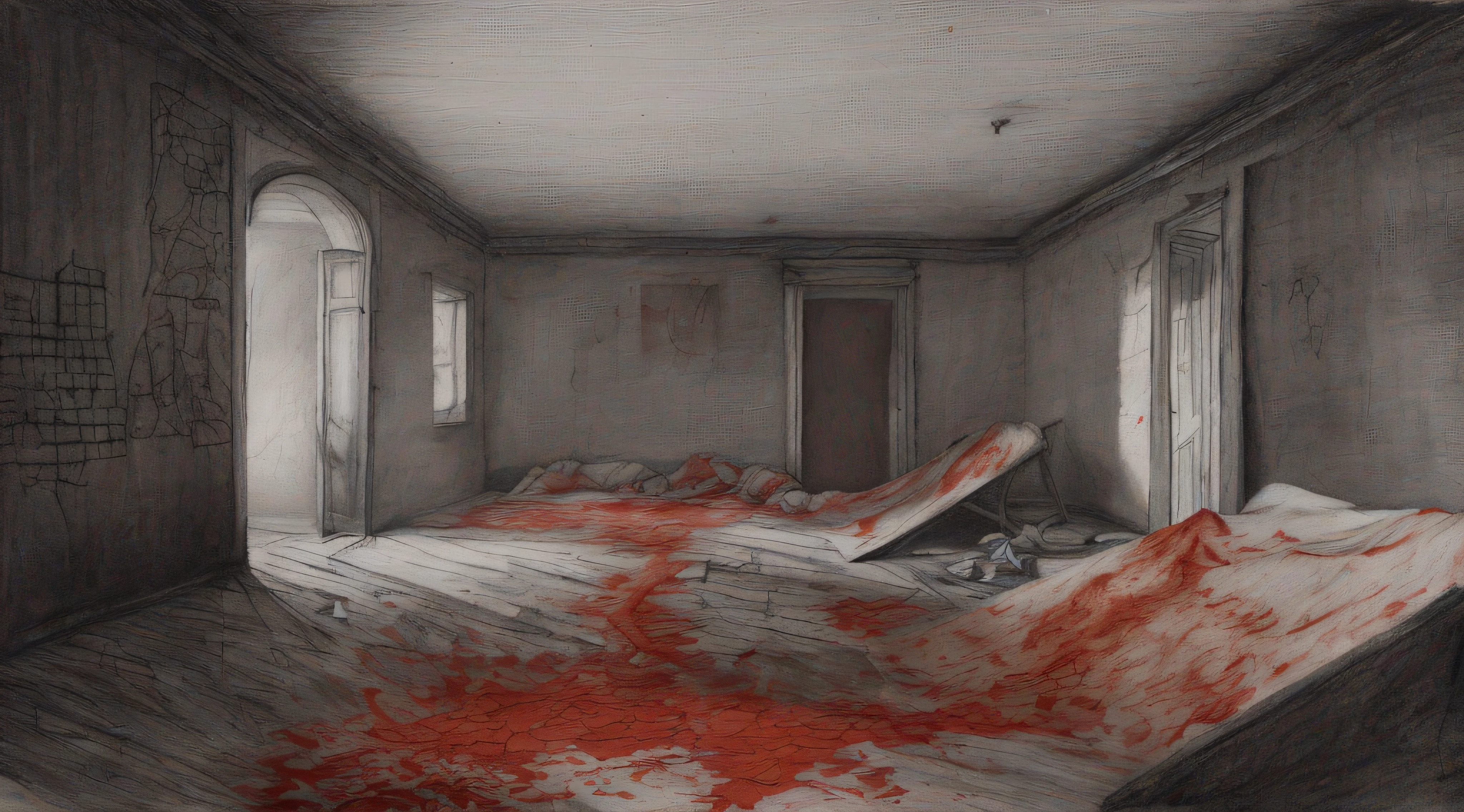 There is a drawing of a room with a bunch of sheets of red ink, Directed by: Anna Füssli, quarto cheio de fogo, Sala de Pressentimento, pintura de um quarto, Directed by: Ludwik Konarzewski, Alexandra Fomina, em um quarto, quarto misterioso, Directed by: Géza Dósa, manchas de sangue nas paredes