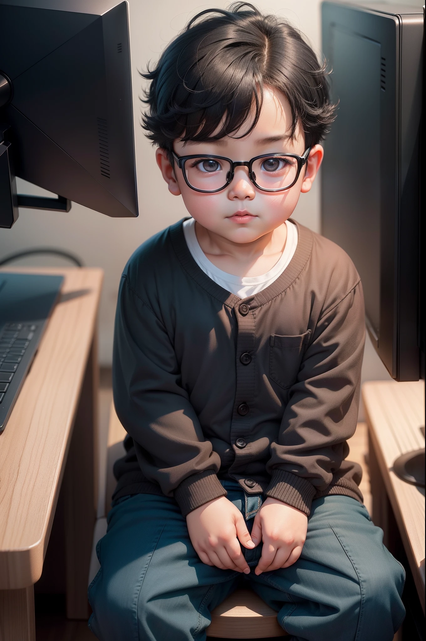 A slightly chubby boy of 3  in China， wears glasses，Plaid shirt，shorter pants，programmer，sitting in front of the computer，Black hair， adolable， with brown eye，by Pixar, tchibi，frontage，Full body portrait