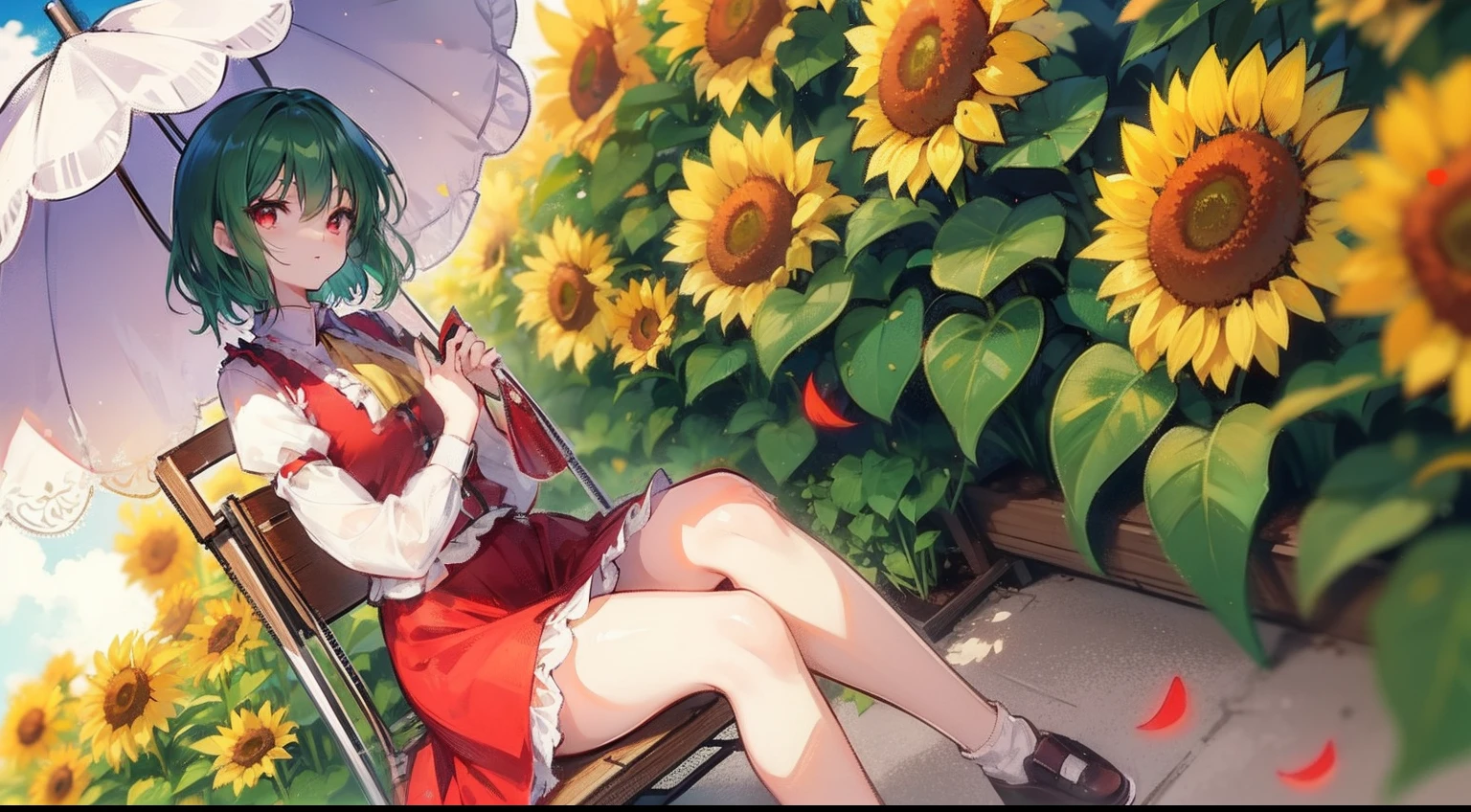 masutepiece, Fine detail, 4K, 8K, 12K, Solo, Solo, Beautiful Girl, caucasian female, Yuka Kazami of the Touhou Project, Green hair, Short hair, Red Eyes, Sitting in a white chair, Stylish chair, white desk, Stylish desk , Stylish parasols, Sunlight, Sunflower field, sunflowers, hair blowing in wind, Fluttering petals, Drinking tea