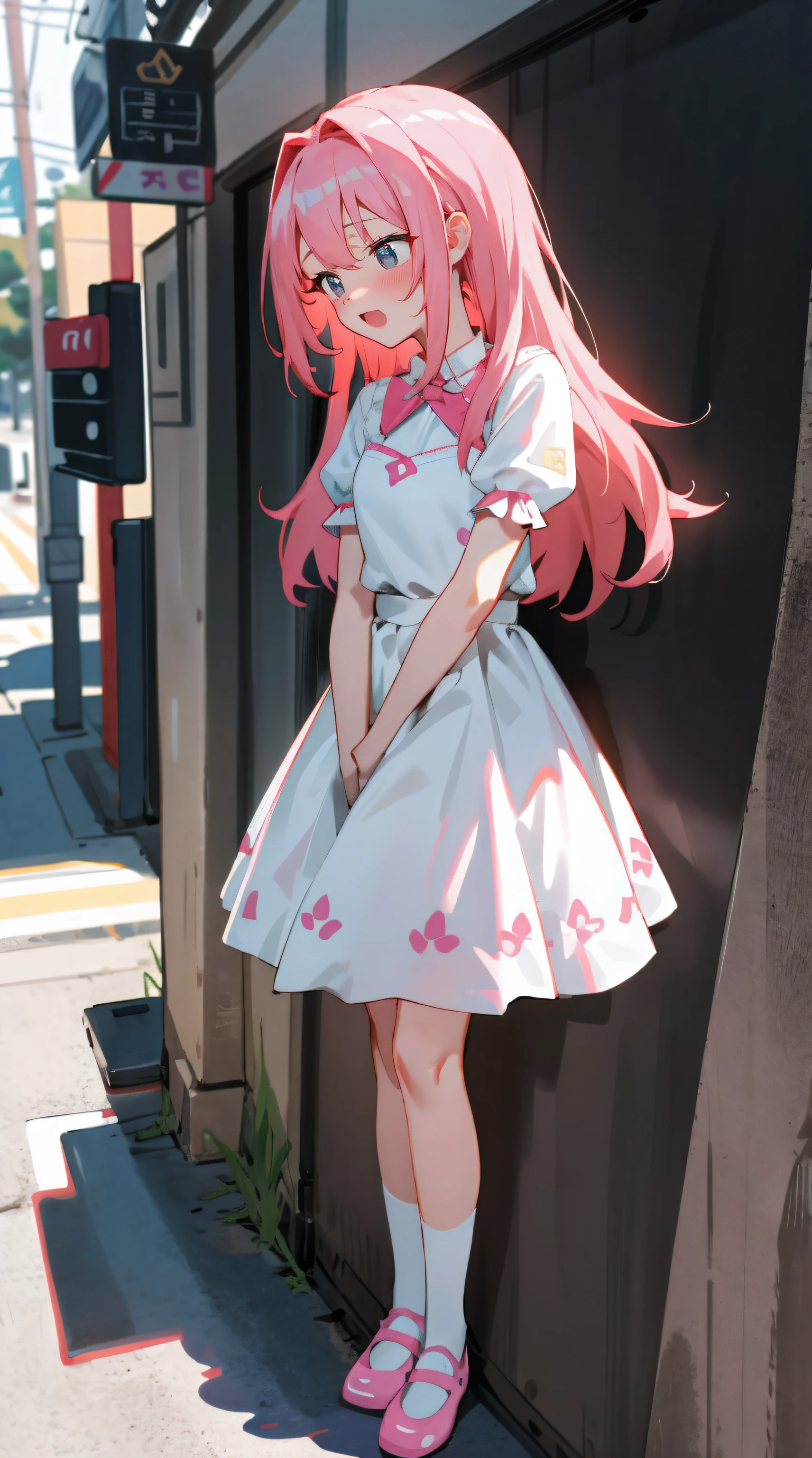 Extremely detailed CG unified 8K wallpaper, very fine 8KCG wallpaper,,Lori huge breasts cleavage(1.5),Cute long pink hair、Girl in cute dress、A girl goes to the toilet、Look away、standing、embarrassed from、Blushing、Open your mouth、A street(The girl is peeing:1.7)、Mini skirt,There is water between the legs(2.5),White knee-length socks(1.6),Clamp your legs,Beautiful face,Beautiful detailed eyes,small loli,10years old