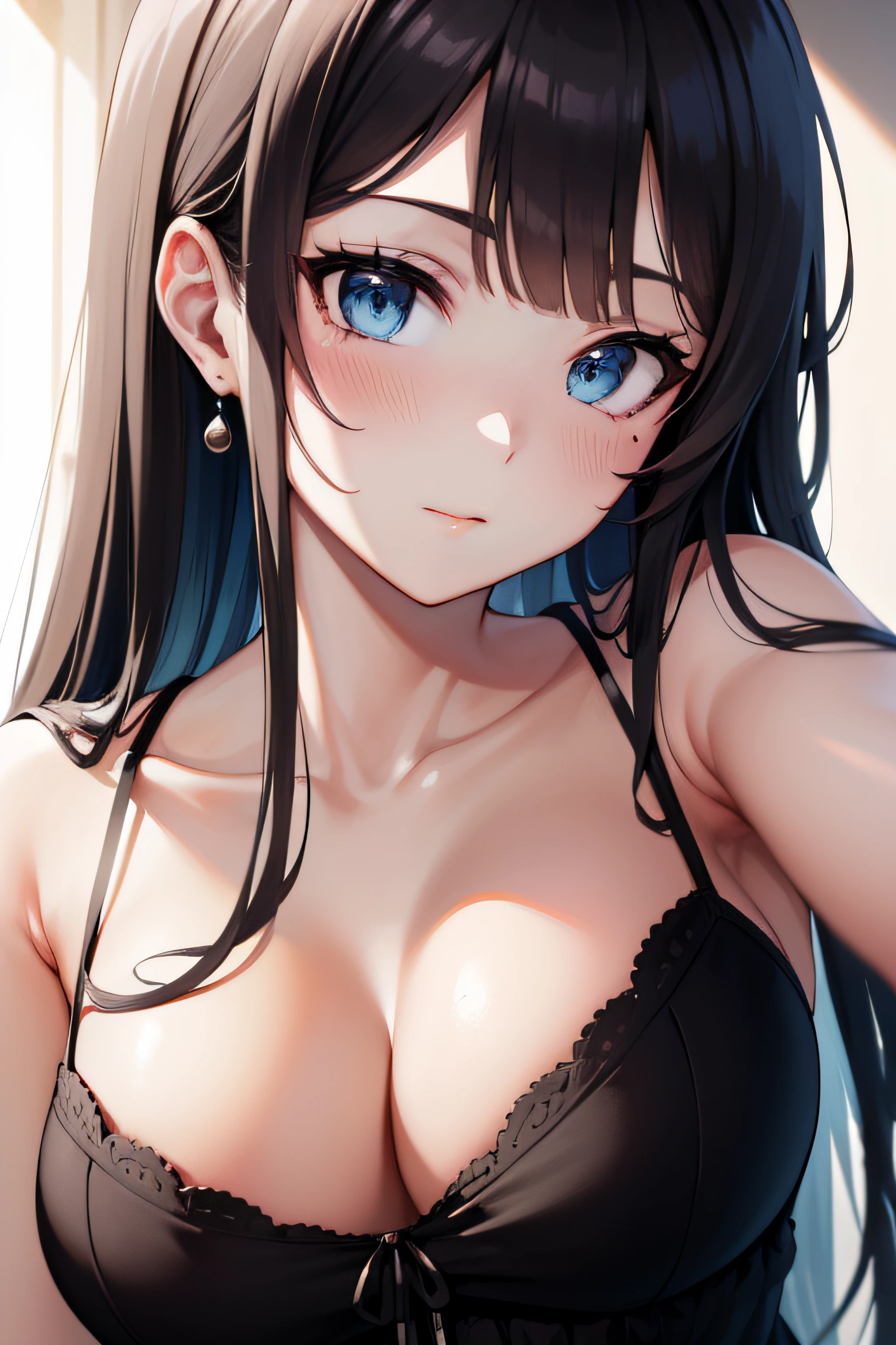 ((masterpiece, best quality, highres, UHD, perfect pixel)), Sakurajima mai, long hair, bangs, black hair, ((blue eyes:1.2, beautiful eyes, detailed eyes, extremely detailed eyes)), ((smooth texture:0.8, realistic texture:0.8)), medium breasts, indoor, bedroom, dynamic pose, busty, perfect body, ((close up, POV)), blushing, ((cleavage:1.2)), ((black dress, nightgown)), natural light