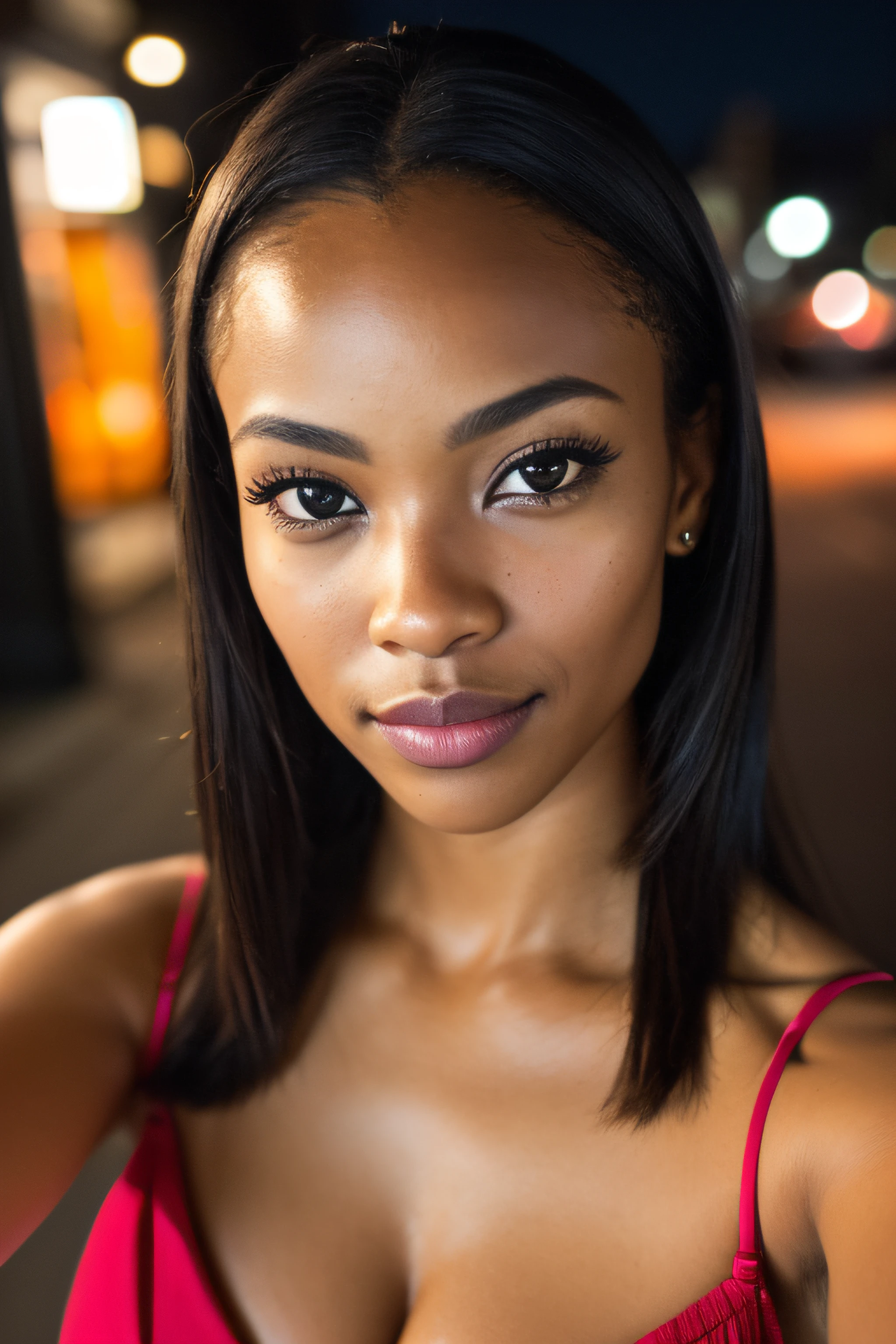 (selfie shot, from above:1.4), (half body postrait:1.4), RAW uhd portrait photo of a 28-year-old african (brown-eyed african woman) walking down a dark alleyway, natural breasts_b, nighttime city background, (red sundress), (cleavage), detailed (textures!, hair!, shine, color!!, imperfections:1.1), highly detailed glossy eyes, (looking at the camera), specular lighting, dslr, ultra quality, sharp focus, tack sharp, dof, film grain, (centered), Fujifilm XT3, crystal clear, center of frame, cute face, sharp focus, street lamp, neon lights, bokeh, (dimly lit), low key, at night, (night sky) detailed skin pores, oiled skin, tan, intricate eye detail