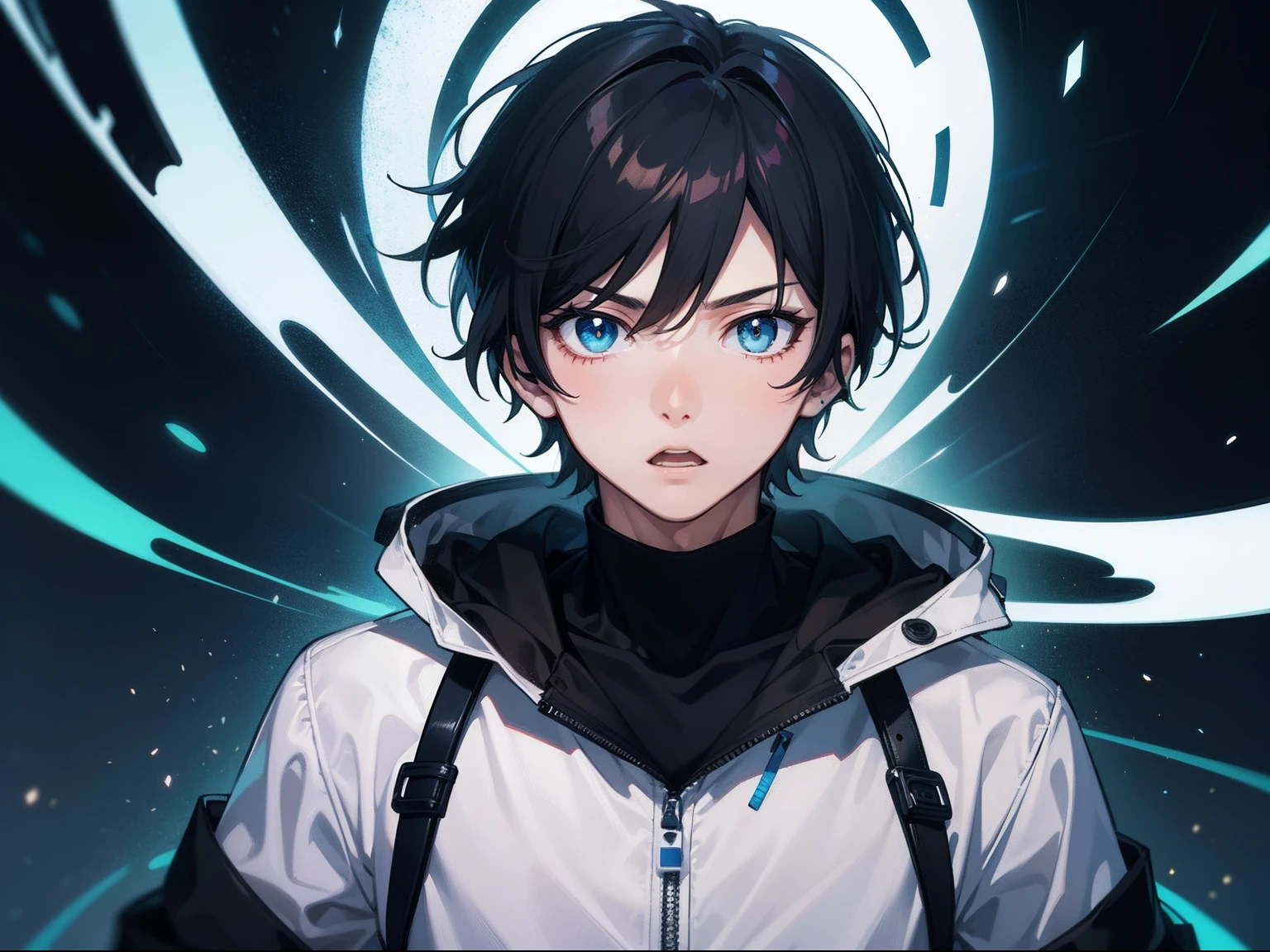 One boy looked surprised,Black color hair,blue color eyes,Handsome,Illustration anime style,Dark 4K, hyper HD, Masterpiece