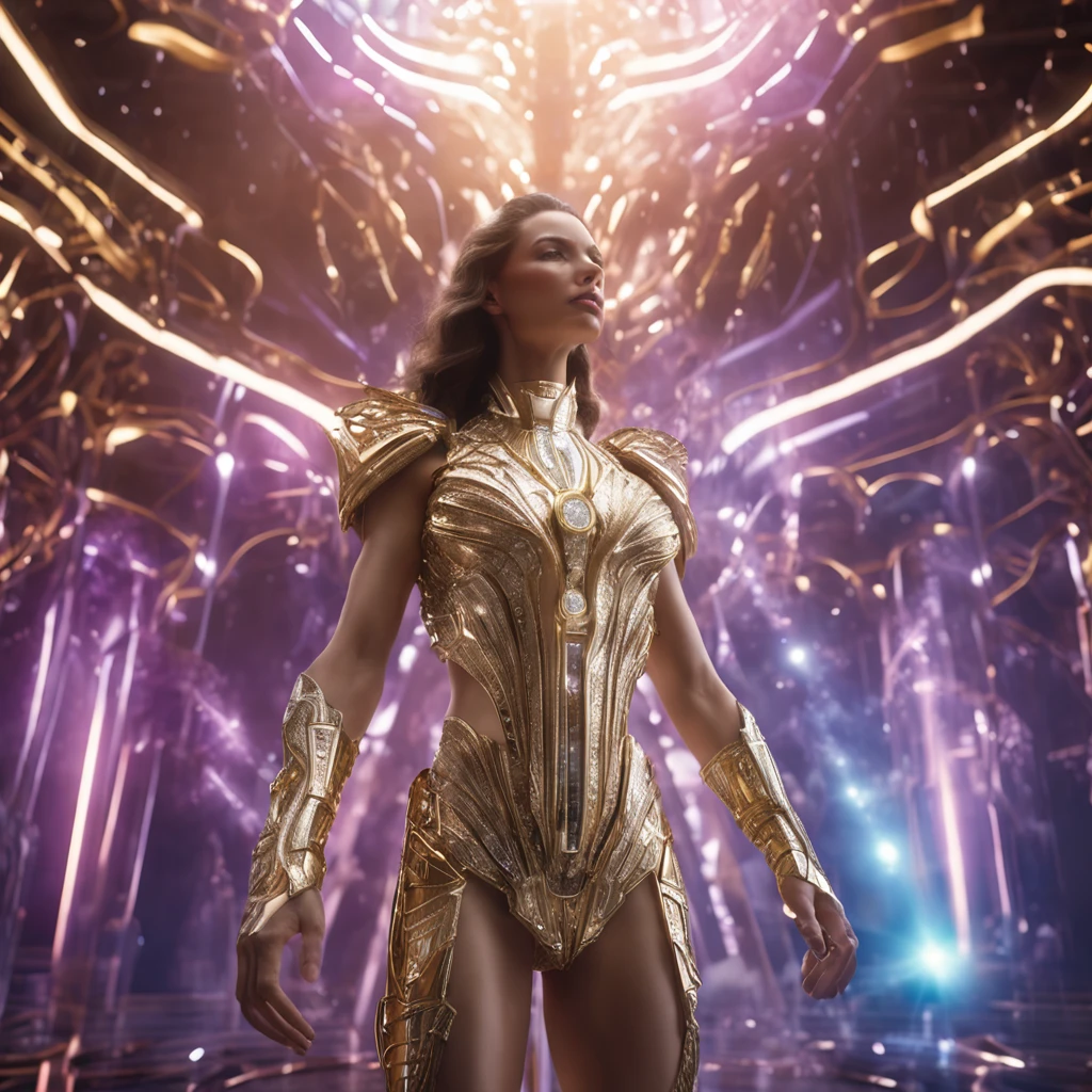 Image of a serene woman in a crystal cloud (Jesus Christ, miko, Wear futuristic combat suits,In an elegant and imposing posture, Watch the camera ascend into the sky;), Sparkling white magic all around, Brightness control, Light spacing, Light spells), High quality fantasy stock photo, Fantasy Style 8k Octane Rendering, elden ring cinematic lighting, (octan render) estilo fantasia, Unreal Motor renders Saint Seiya,, Theatrical epic cinematic lighting, Biblical epic movie, Fantasy character octane rendering, Epic scenes of Jesus Christ