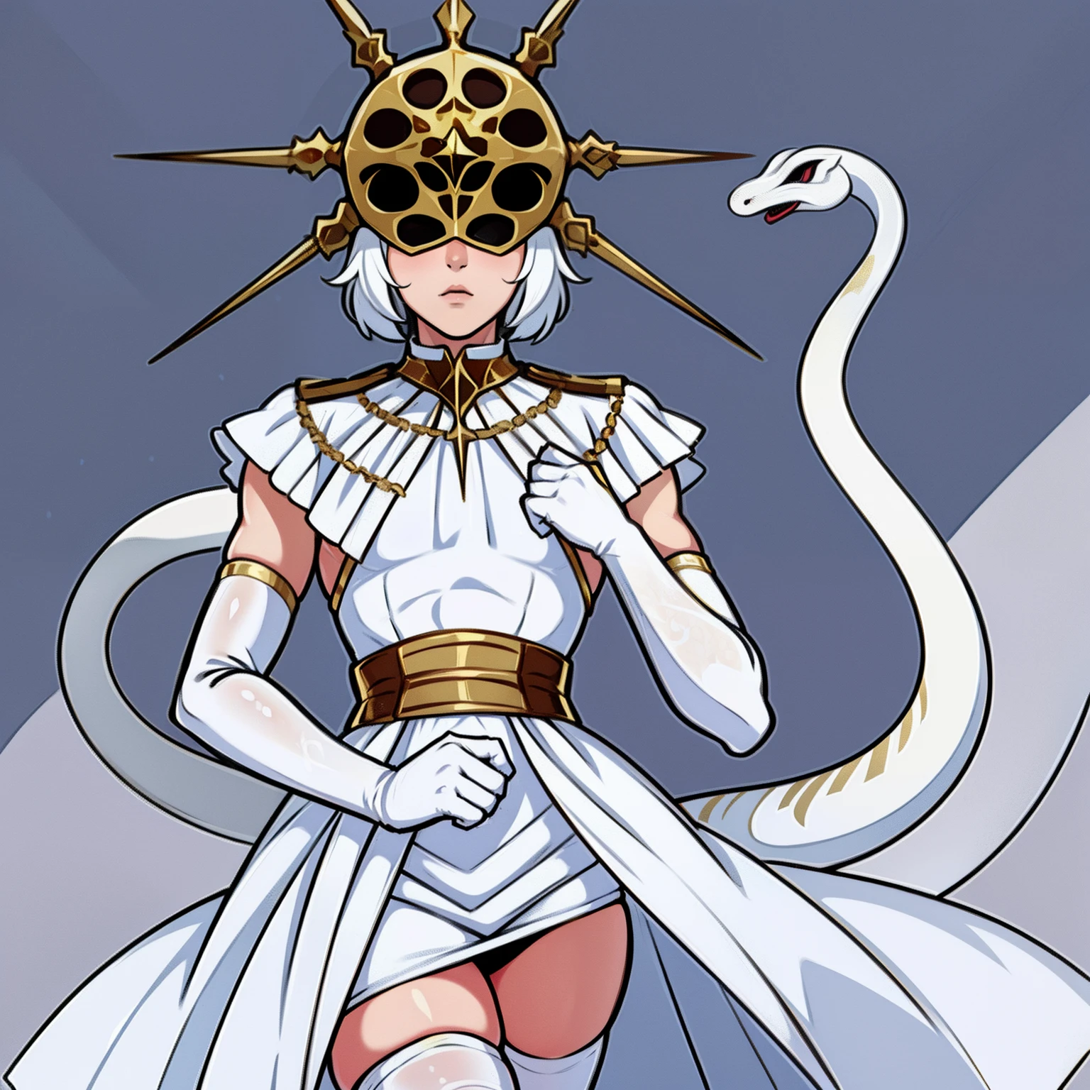 Gywndolin, white hair, androgynous, 1boy, male, femboy, flat-chested, GwyRob, white thighhighs, gold mask, covered eyes, gold jewelry, white elbow gloves, white dress, snakes, perfect anatomy, solo