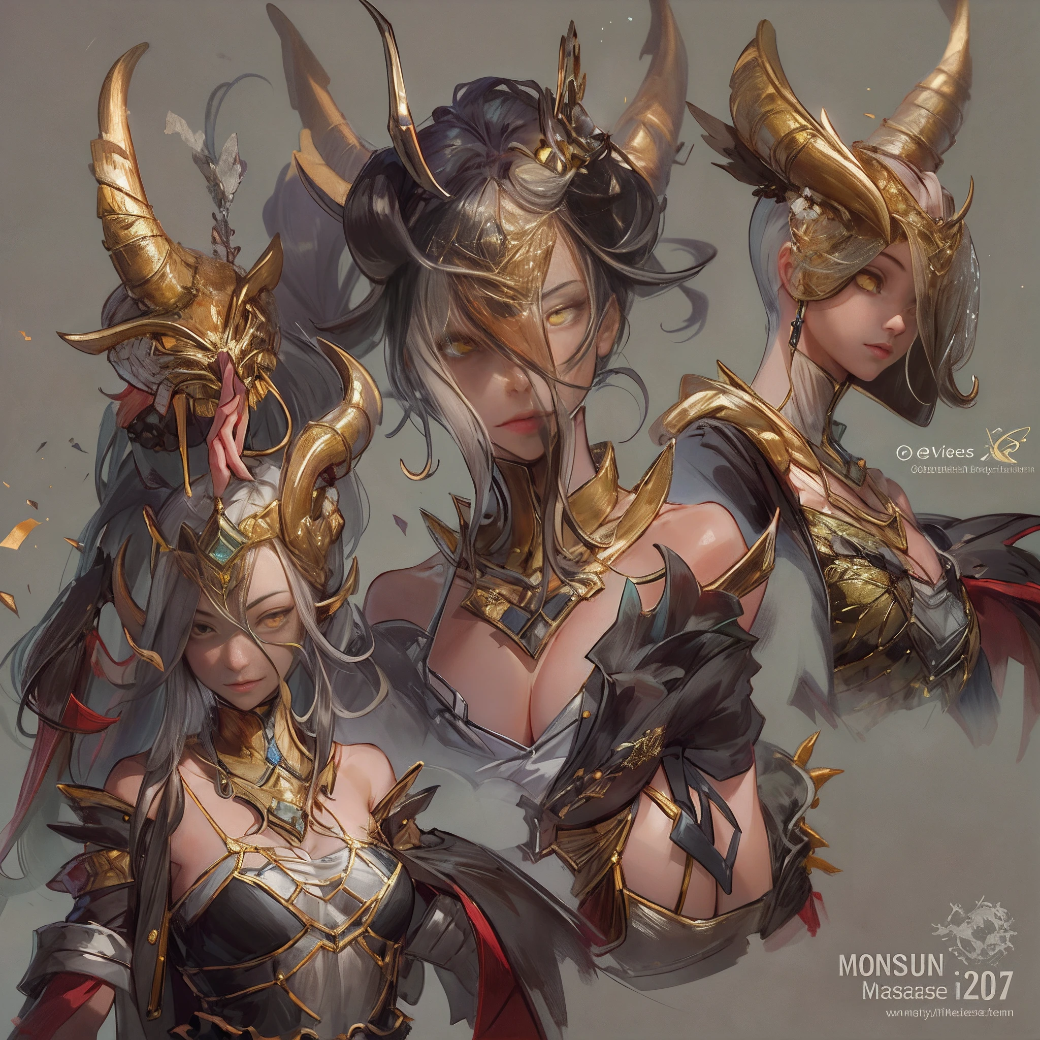 ((Masterpiece, Highest quality)), Detailed face, CharacterDesignSheet,full bodyesbian, Full of details, Multiple poses and expressions, Highly detailed, beuaty girl,Golden Devil Horn, Pupil of the slit, robe,exposed bare shoulders, featheredwings, ssmile, evilsmile,