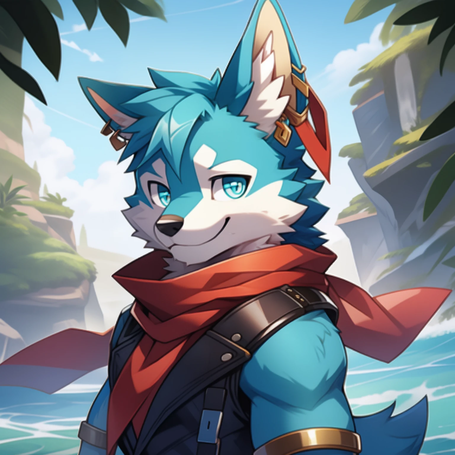 Blue corgi wearing a red scarf,There are two earrings on the left ear,There is an iron bracelet on the right-hand side,Cyan eyes