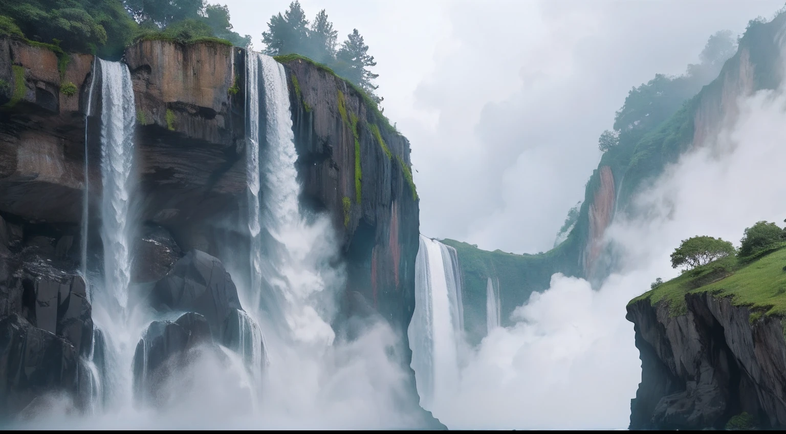 There is a cliff in front，background is waterfall, Waterfall in the distance, Fog from the waterfall, falls, Spectacular realistic cinematic visuals, There are no people、No buildings、floating waterfalls, huge waterfall, an endless waterfall, Realistic waterfalls, heavy fog, Ultra-realistic 4K quality, Very wide waterfall