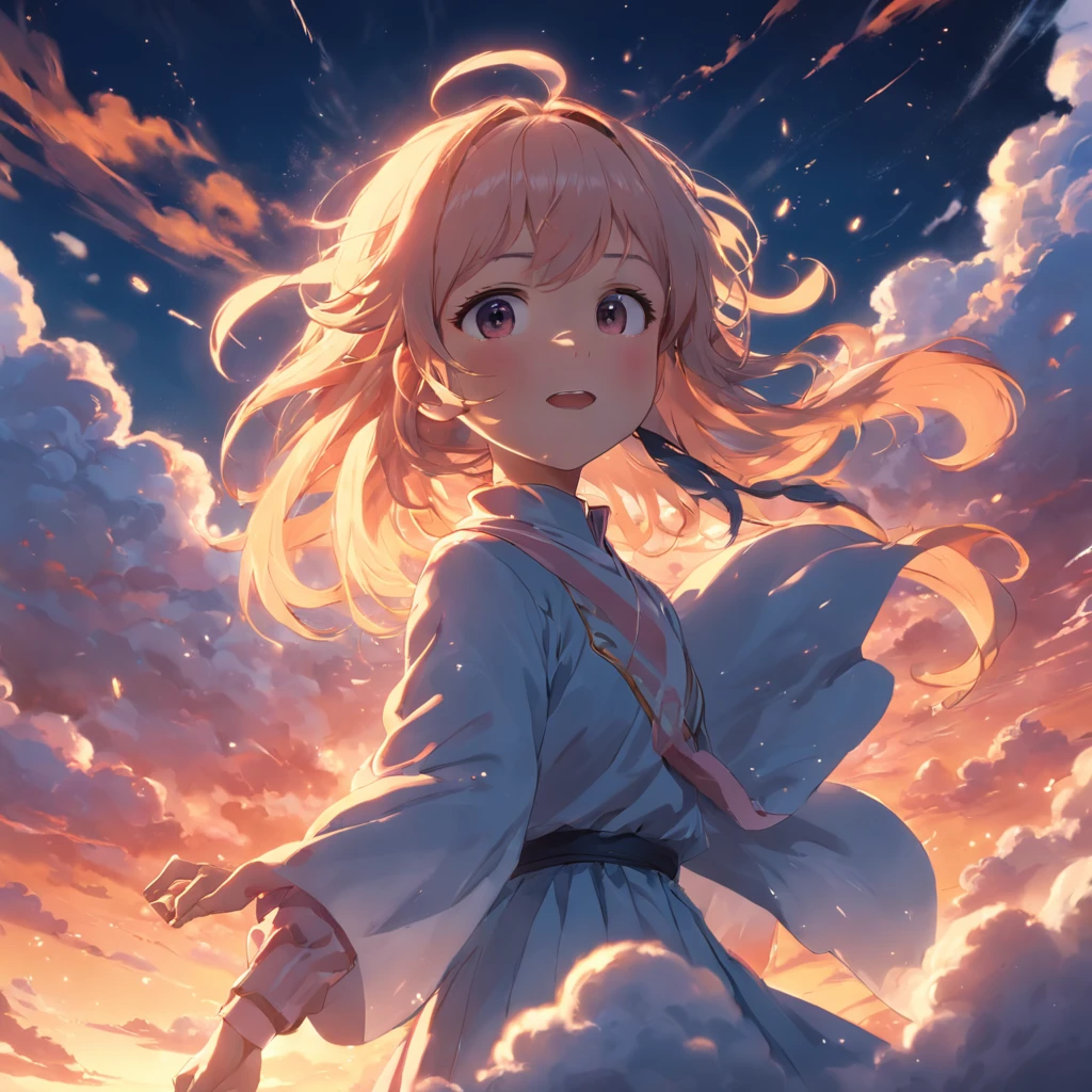masterpiece, best quality, movie still, 1girl, cloud girl, floating in the sky, close-up, bright, happy, warm soft lighting, sunset, (sparks:0.7)