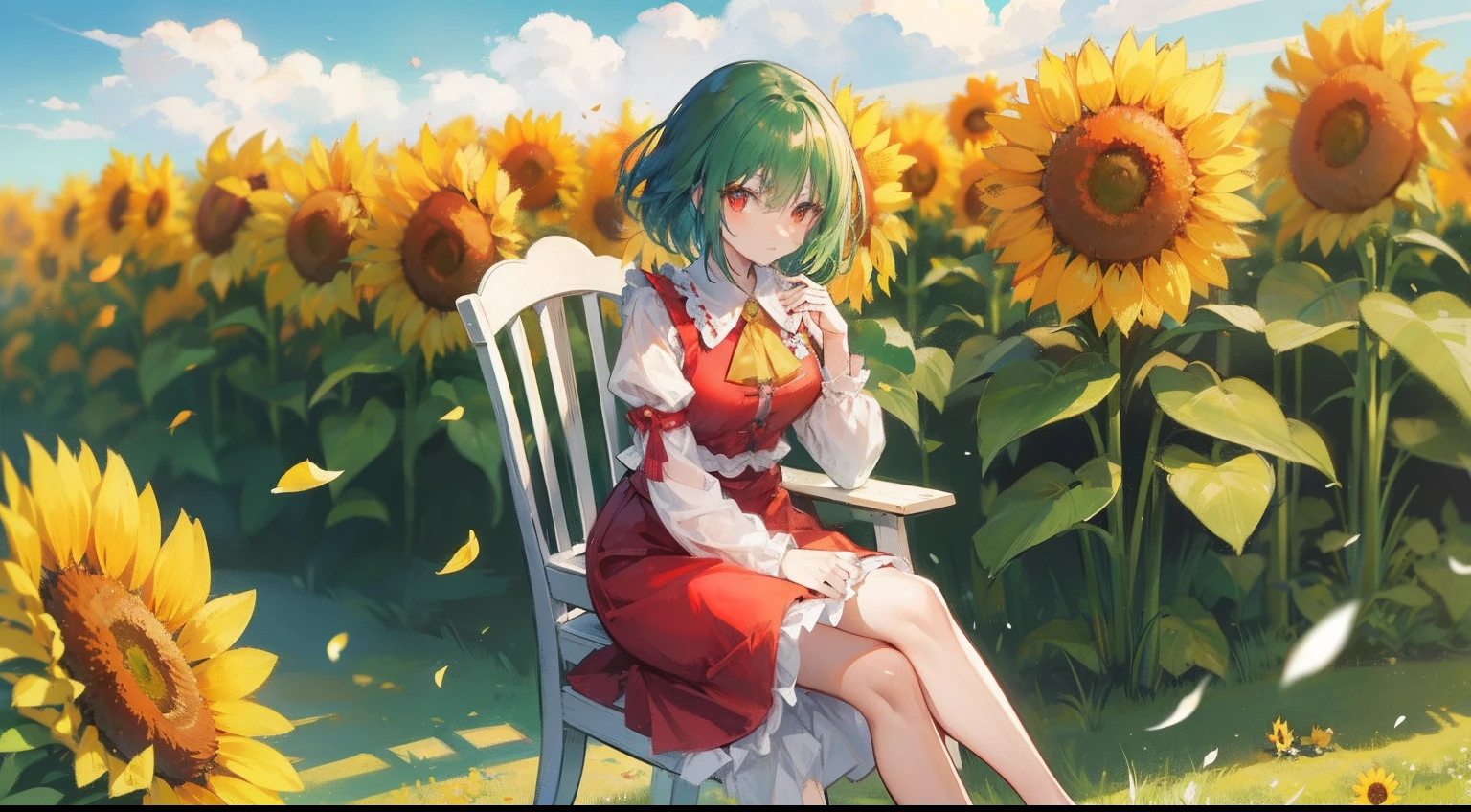 masutepiece, Fine detail, 4K, 8K, 12K, Solo, Solo, Beautiful Girl, caucasian female, Yuka Kazami of the Touhou Project, Green hair, Short hair, Red Eyes, Sitting in a white chair, Stylish chair, white desk, Stylish desk , Stylish parasols, Sunlight, Sunflower field, sunflowers, hair blowing in wind, Fluttering petals, Drinking tea