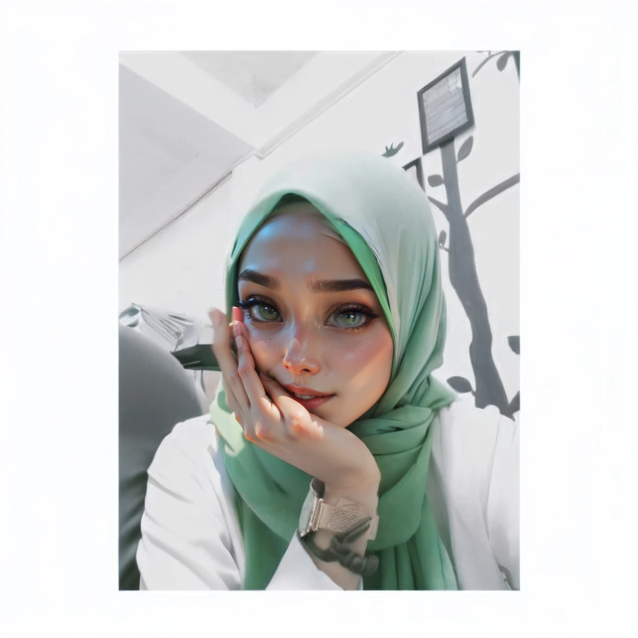 ((Best Quality, 8K, Masterpiece: 1.3)), there is a young girl wearing a green scarf and a white shirt, cute face, beauty girl, cute eyes, perfect hand, friedly smile, hijab, with kind face, potrait, young picture, with accurate face, faridah malik, comming, close up potrait, protrait, semi realism, at instagram, white hijab, with lovely look, inspired by Naza, portait photo profile picture
