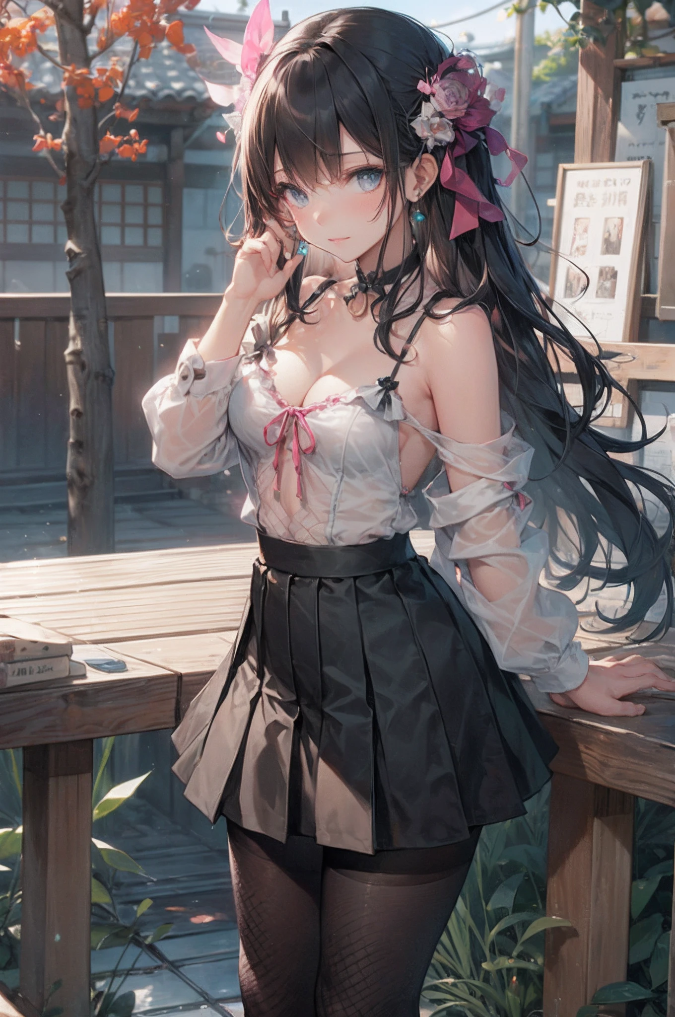 1girl in, Black hair, Long hair, Blue eyes, Portrait, Realistic, Towel, (Onsen), side lights, Wallpaper, NSFW,​masterpiece, top-quality, 1girl in, 独奏, long_hair, looking_at_viewer, bangss, skirt by the, The shirt, black_hair, long_sleeves, the bow, bow ribbon, Twin-tailed, hair_bow, heart, panthyhose, frilld, shoe, a choker, blunt_bangs, black_skirt, pink_eyes, The halo, frilled_skirt, pink_bow, fishnet tights,pink_shirt, fishnet_pantyhose, platform_footwear, pink_theme, pill, jirai_kei, pink back ground, pink theme, monochromes, wariza, Light smile