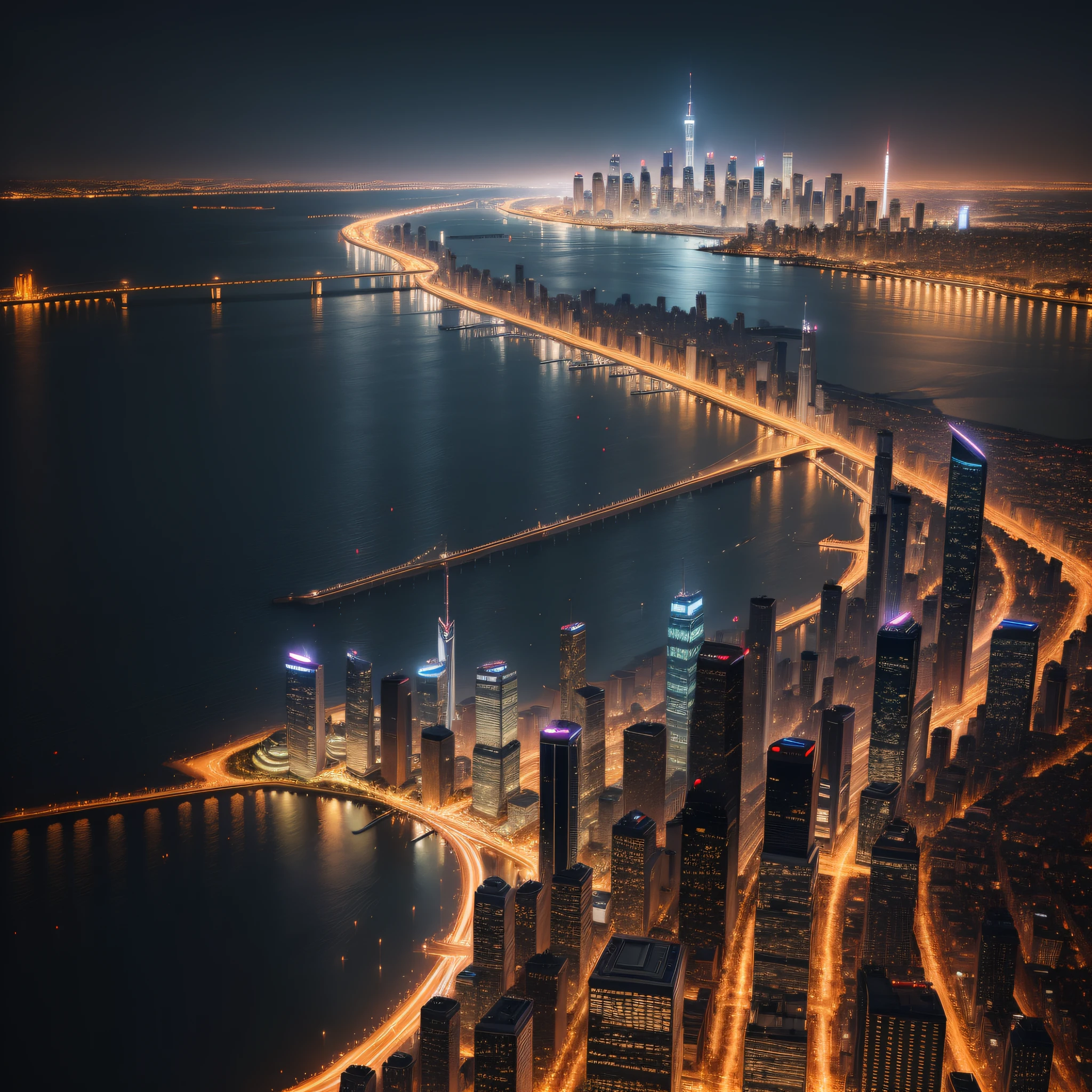 Iconic city skylines with towering skyscrapers illuminated at night.