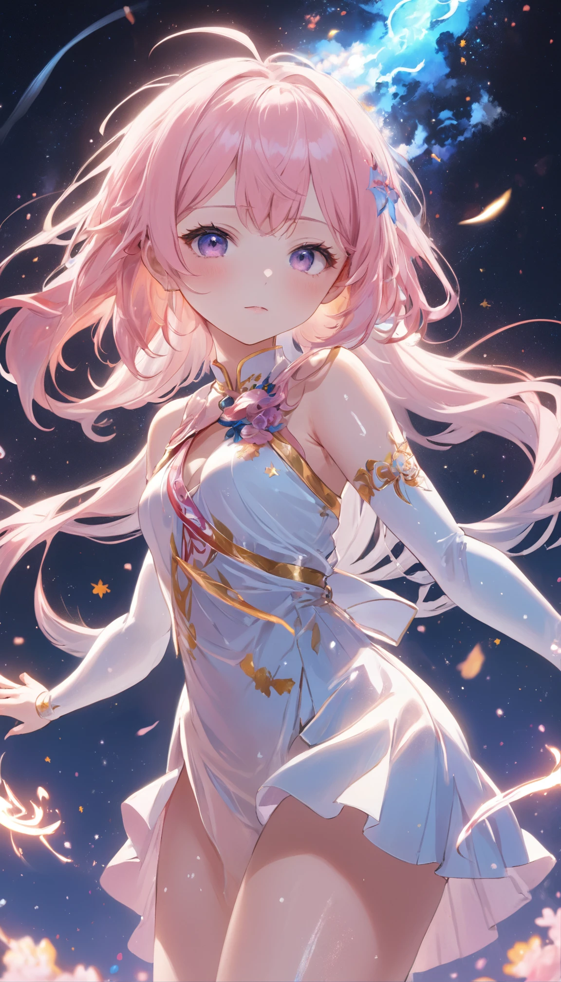 Dynamic Angle, ((Pose all over the body:1.5), (Colorful:1.2), (Extremely detailed CG Unity 16k wallpaper:1.1), (Noise Removal Strength: 1.45), (tmasterpiece:1.37), ((offcial art)), (Colorful:1.2), (Bare shoulders:0.85), ((terrazzo, Starry sky, (( 8K wallpaper)), Starry background, Ultra detailed, Beautiful and aesthetic, Beautiful, ultraclear, Best quality)), 1girll, (in clouds of smoke:1.1), (Dynamic smoke is everywhere:1.4), (1 Chinese pattern in the middle of the girl's forehead), A girl with a weak temperament, (epic cinematic), Soft natural light, rim-light, Absurd, Amazing, Funny, Etricate, ultra - detailed, Pink flowers, White, Pink flowers, Full-body image, Shen Lixin, ((Lace-up thigh boots)), full bodyesbian, Blunt bangs, a white long skirt，Printed with purple flowers and a blue veil adorned coat, (( brownfootwear)), White long sleeves, cross-laced footwear, side locks, Pale yellow hat, White pantyhose printed with red, yellow and blue flowers, Ayaka Kamisato, (Besis heroin), Slim, Ul, pastelcolor, god light, Sparkle, Glowing light, ((Masterpiece)), ((Best quality)), Masterpiece, Best quality, hyper HD, Award-Awarded