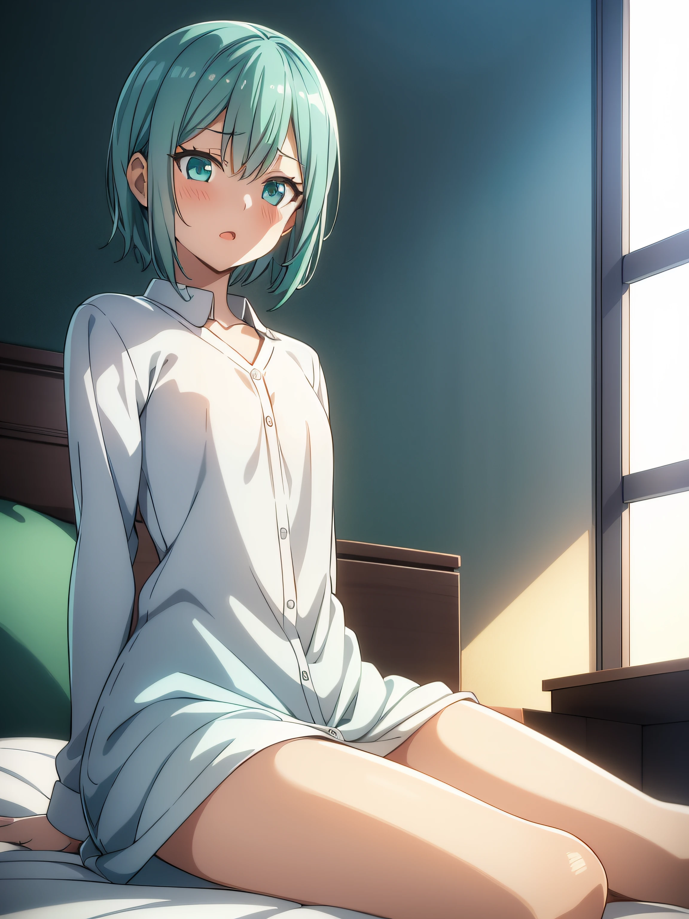 1 girl, short sky blue hair, have bangs, emerald green eyes, open mouth, blushing, surprise, white skin, looking at viewer, small breast, oversize white shirt, less bottom, sitting, shadowlighting, indoors, in bed ,night time (masterpiece, best quality, beautiful detailed eyes, detailed face)