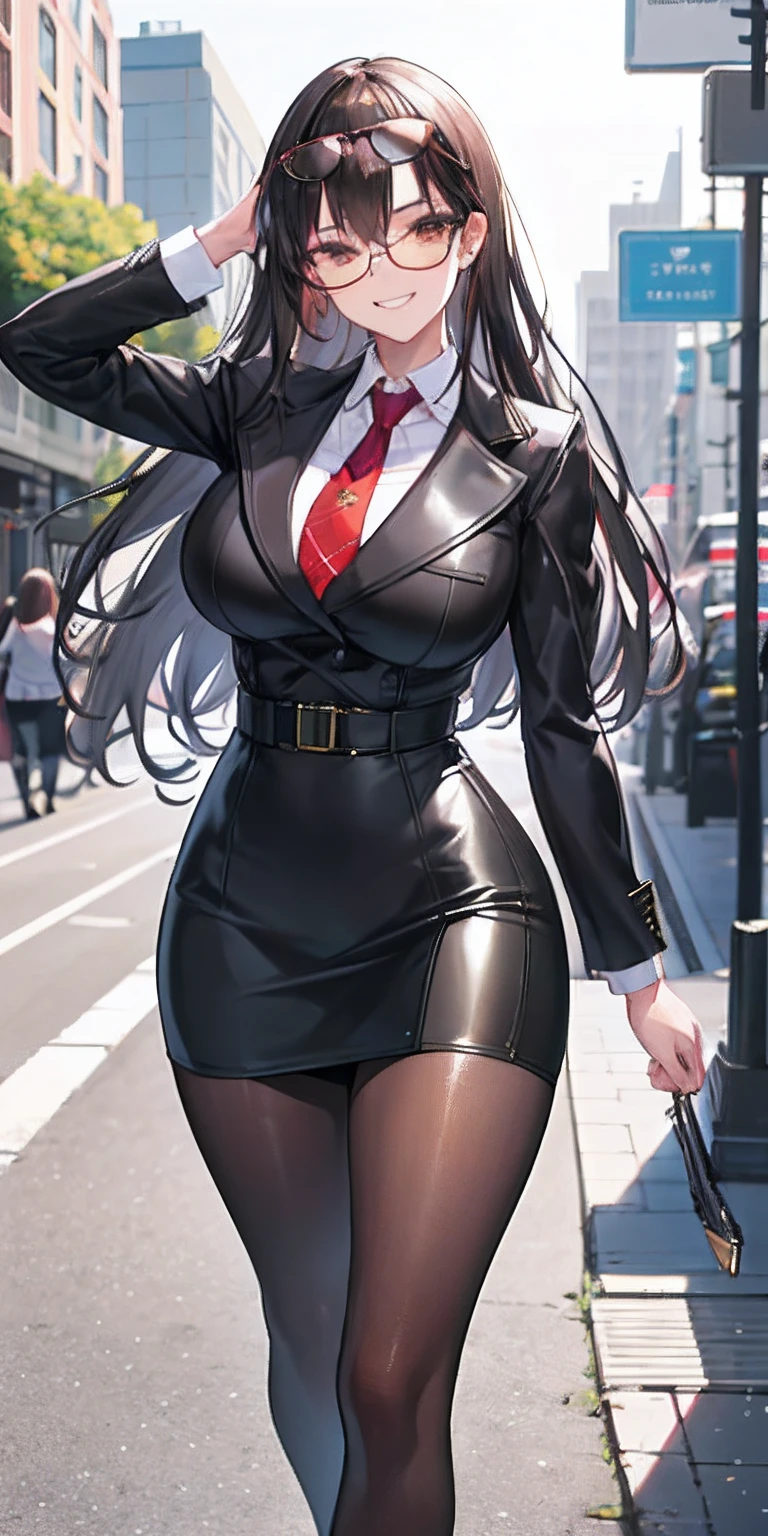 (Masterpiece: 1.6, Best Quality), (Fine and Beautiful Eyes: 1.2), (Overhead), High Quality, Beautiful Face, 1girl, Leather Tight Skirt, Oversized Leather Jacket, Big Tits, Long Hair, Wide Hips, (Landscaped, ), Street, Background, Detailed Background, Spooky Grin, Angled Laughter at the Corners of the Mouth, Long Coat, Shirt, Tie, Office Lady, Mature Woman, Eyewear on Head, Sunglasses