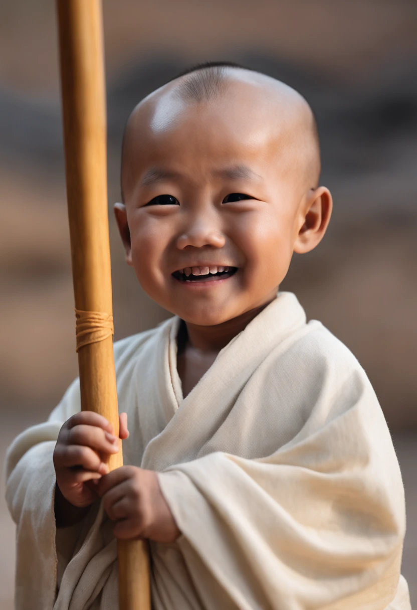 A close-up of a little monk in a pale yellow robe, Sweeping the floor with a broom，ssmile，cheerfulness，he is greeting you warmly, dressed in simple robes, peaceful expression, prayer meditation, blessing hand,  boy wearing nun outfit, peace, wearing white robes with!, very calm and wholesome, a serene smile, young wan angel, Serene expression, Buddhist, wearing white robes with, bald-headed