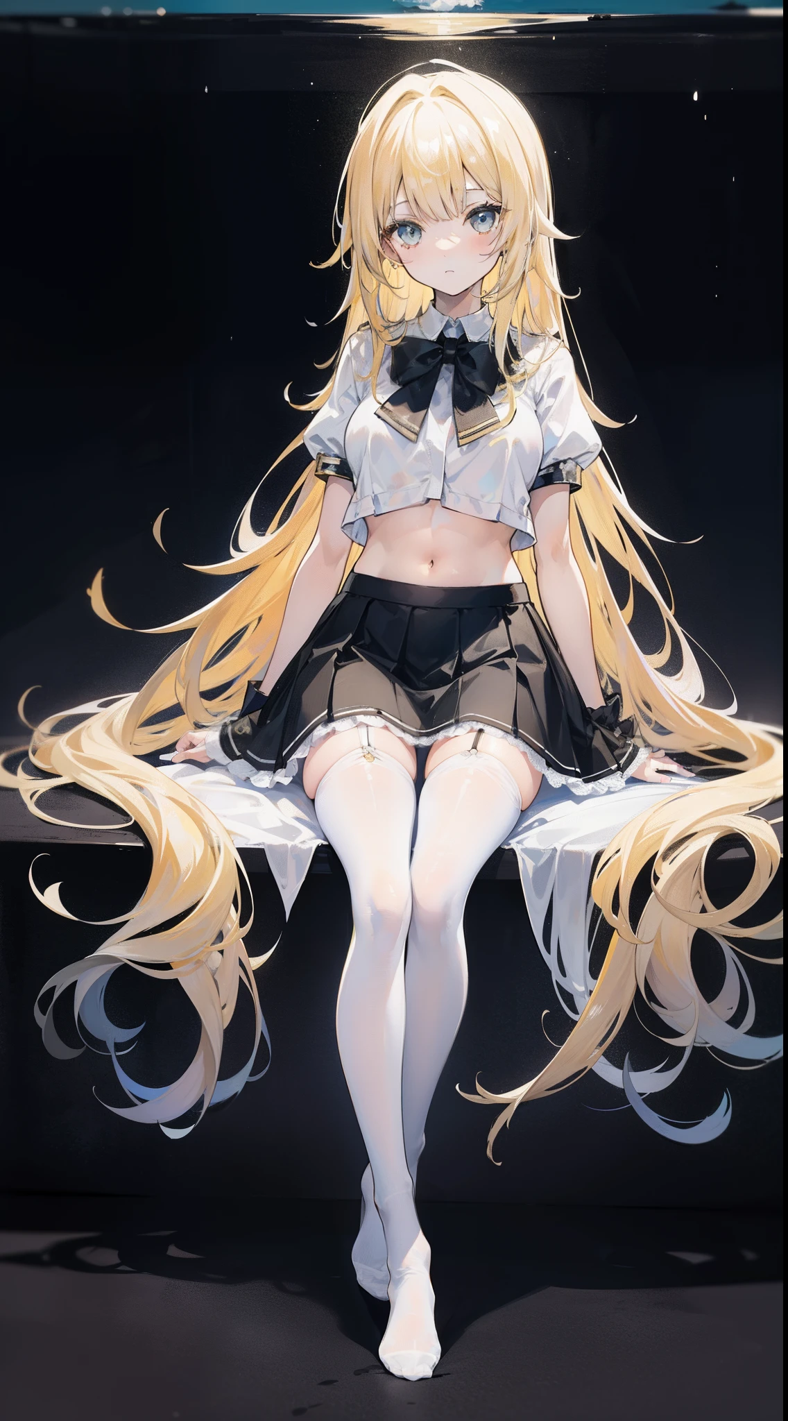 Masterpiece（（tmasterpiece）），（White color blouse），（（black micro skirt）），（Black transparent stockings），adolable，is shy，（Long yellow）Hair，red bowtie，long leges，（Have by the sea），（Facing the sea），Open navel，No shoes on