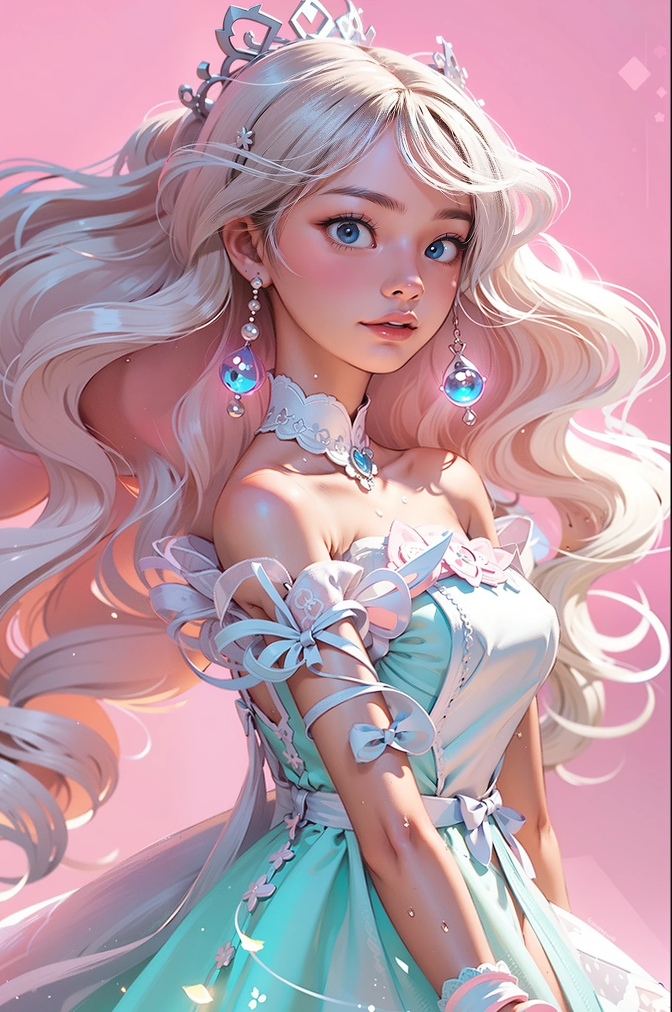 （Barbie pink background）），barbiecore，A princess，（cabellos largos dorados），delicated face girl，(A girl,Hydrated eyes，glowing light eyes),Solo，white and blue dress，