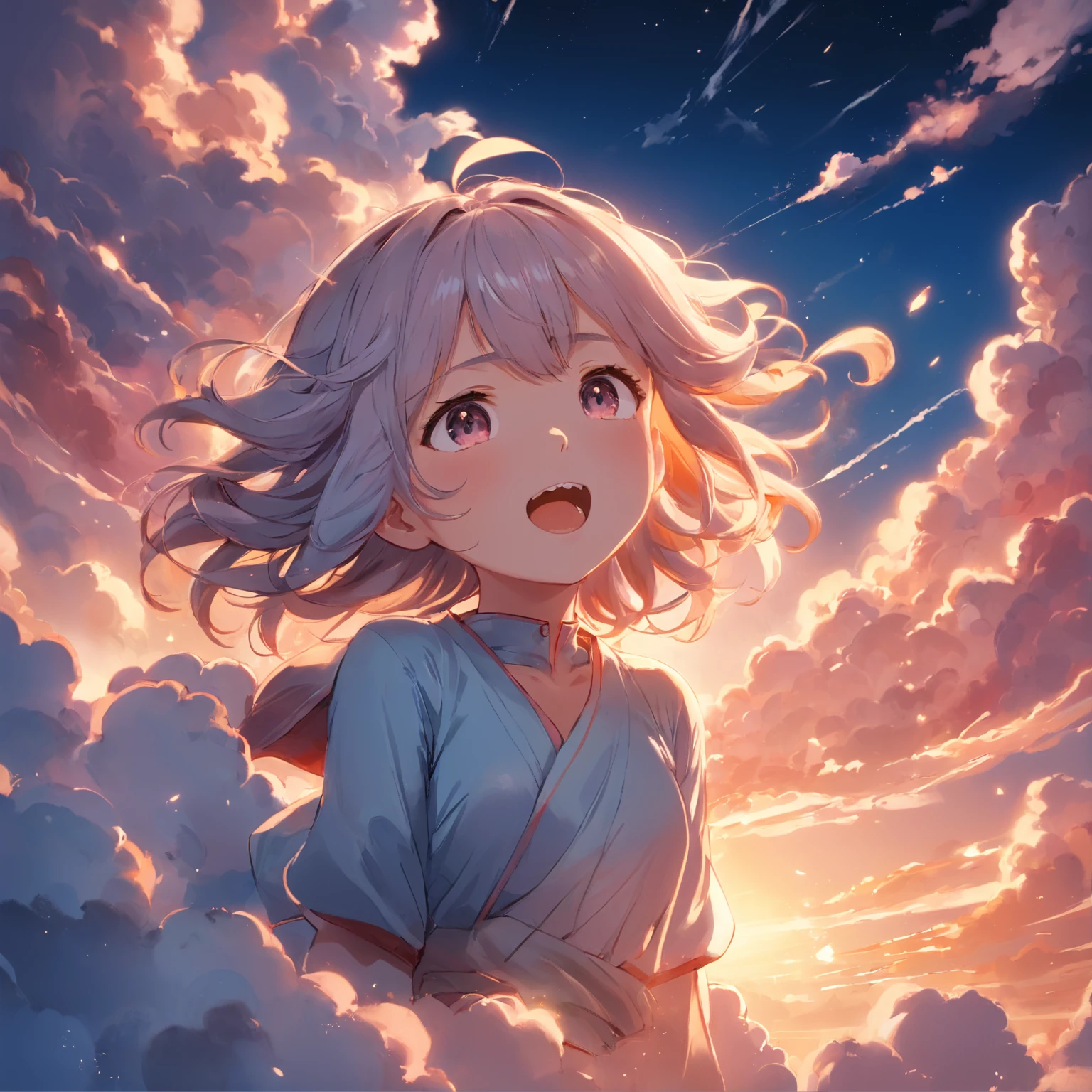 masterpiece, best quality, movie still, 1girl, cloud girl, floating in the sky, close-up, bright, happy, warm soft lighting, sunset, (sparks:0.7)