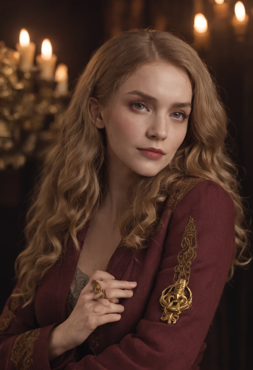 Hermione Granger at Hogwarts, Open legs, Pubic hair, The eye, Beautiful face, The Gryffindor background is the Q playing card of spades,The background is two mature women hugging each other,The woman has tattoos on her body,Blackn clothes,Golden hair,One of them, The woman's eyes were grim,The other woman has a charming appearance